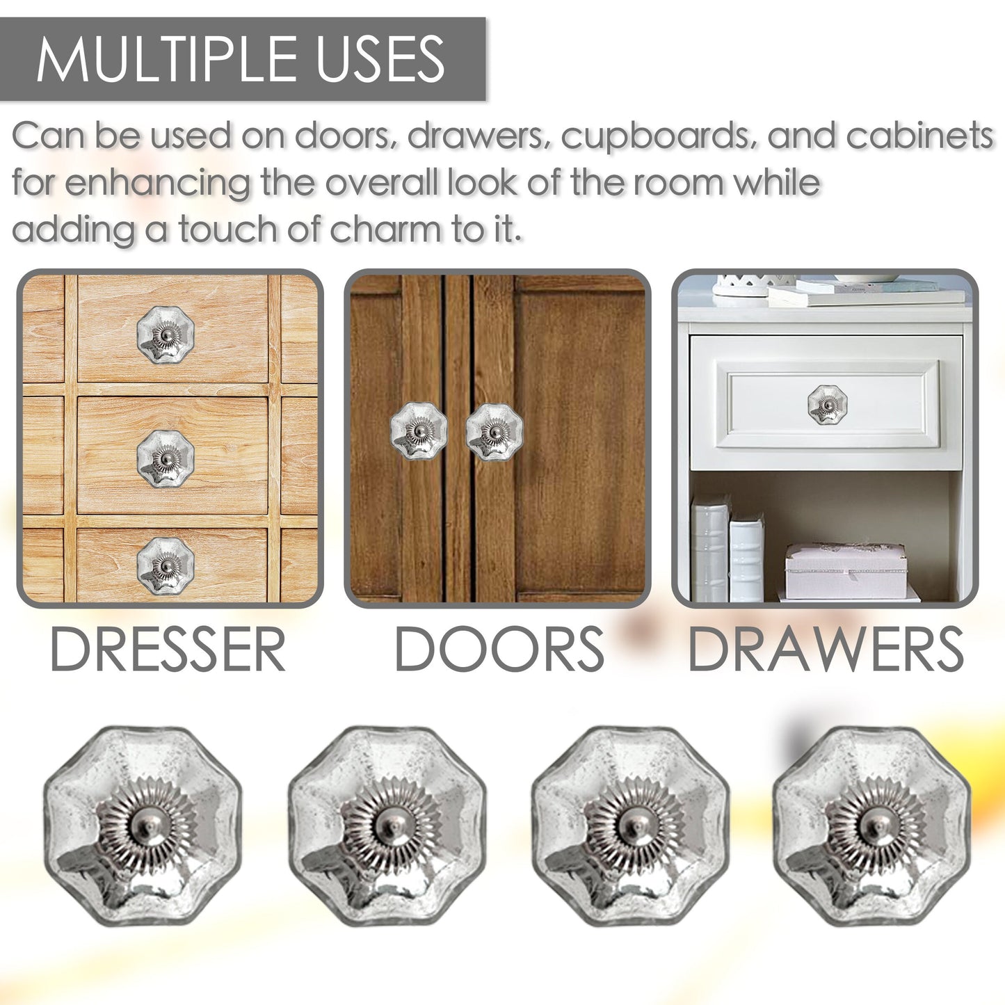 Mercury Glass Scallop Cabinet Knobs 6 Pack Knobs for Cabinets and Drawers, Closet Door Knobs, Drawer Pulls and Knobs with Mounting Screws