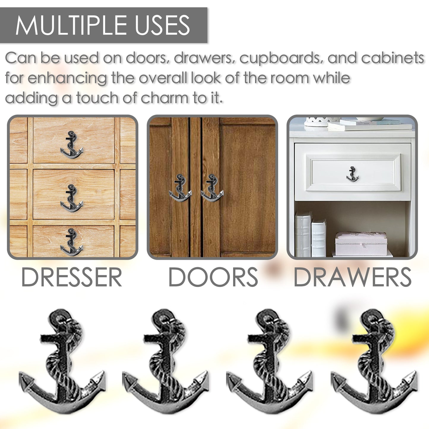 Cast Iron Anchor Silver Cabinet Knobs 6 Pack Knobs for Cabinets and Drawers, Closet Door Knobs, Drawer Pulls and Knobs with Mounting Screws