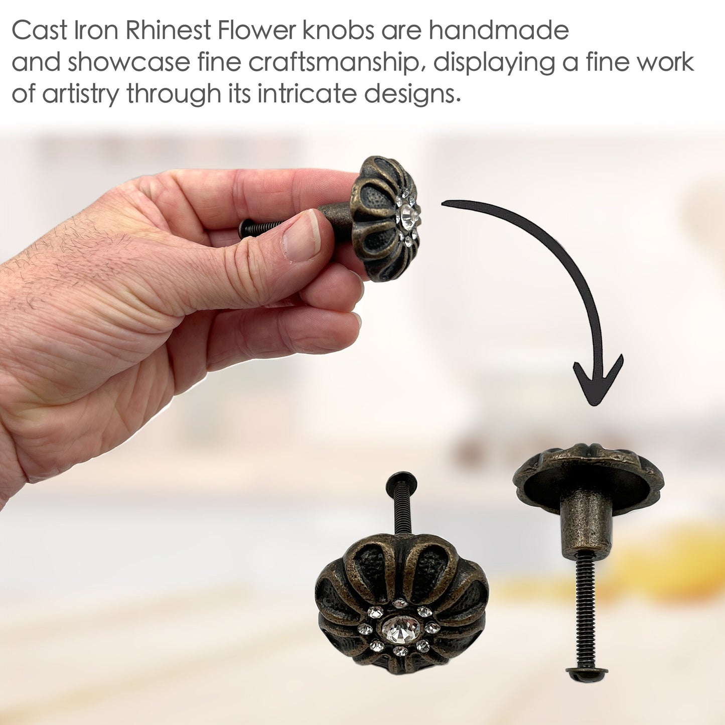 Cast Iron Rhinest Flower Cabinet Knobs 6 Pack Knobs for Cabinets and Drawers, Closet Door Knobs, Drawer Pulls and Knobs with Mounting Screws