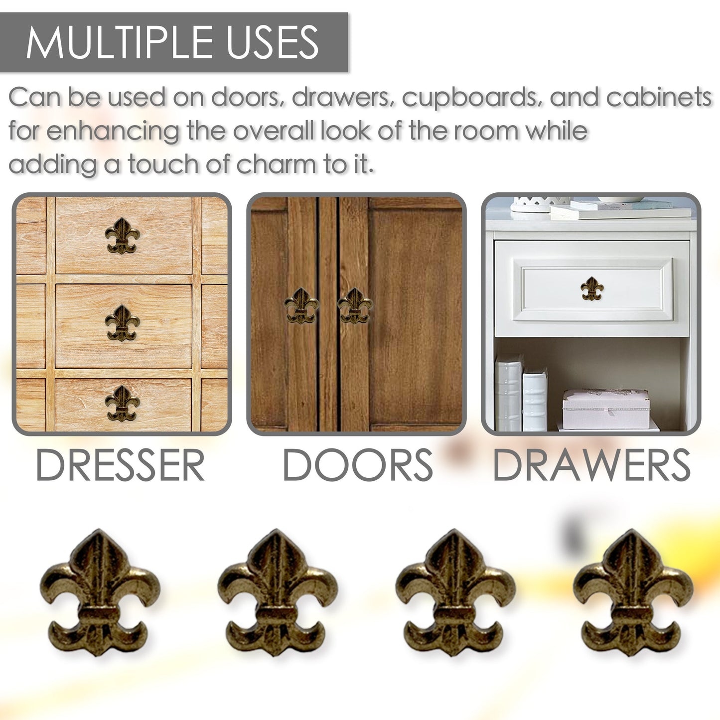 Brass Fleur De Lis Cabinet Knobs 6 Pack Knobs for Cabinets and Drawers, Closet Door Knobs, Drawer Pulls and Knobs with Mounting Screws