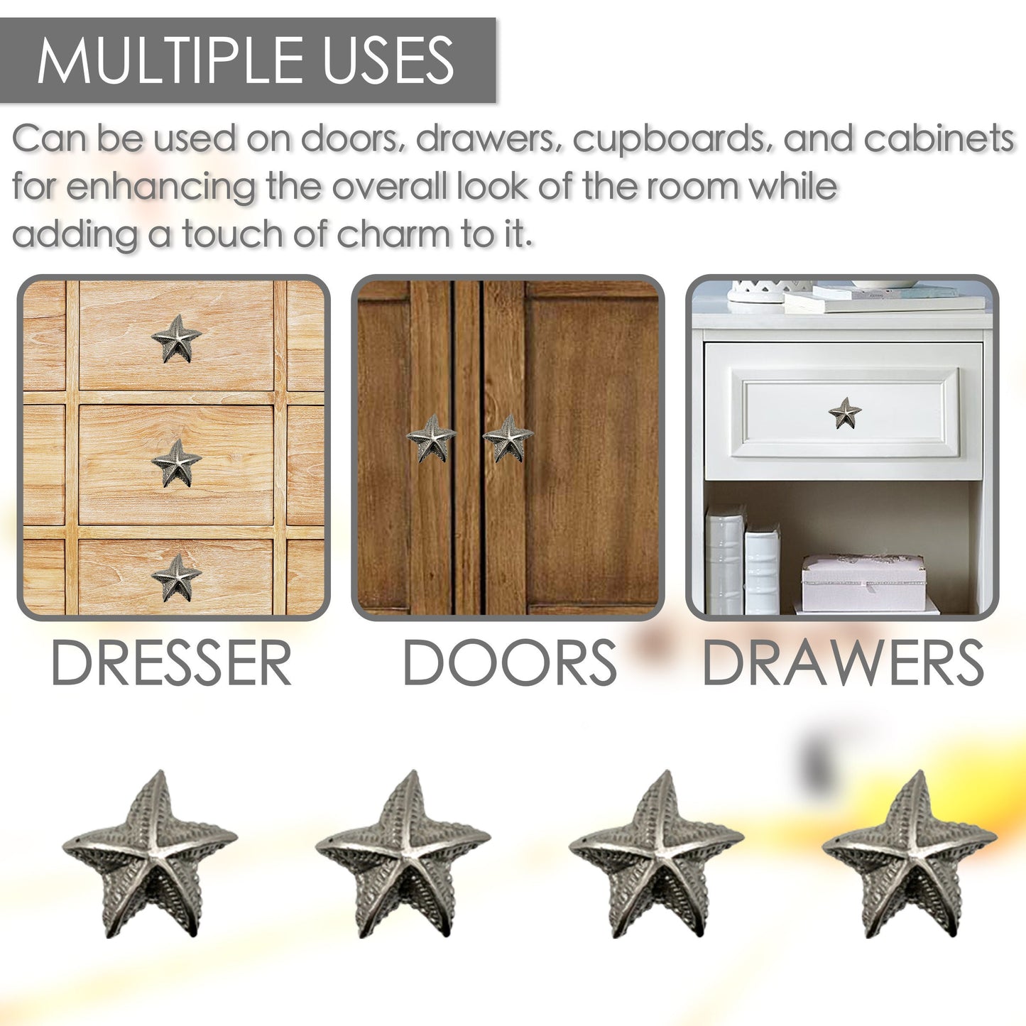 Cast Iron Starfish Cabinet Knobs 6 Pack Knobs for Cabinets and Drawers, Closet Door Knobs, Drawer Pulls and Knobs with Mounting Screws