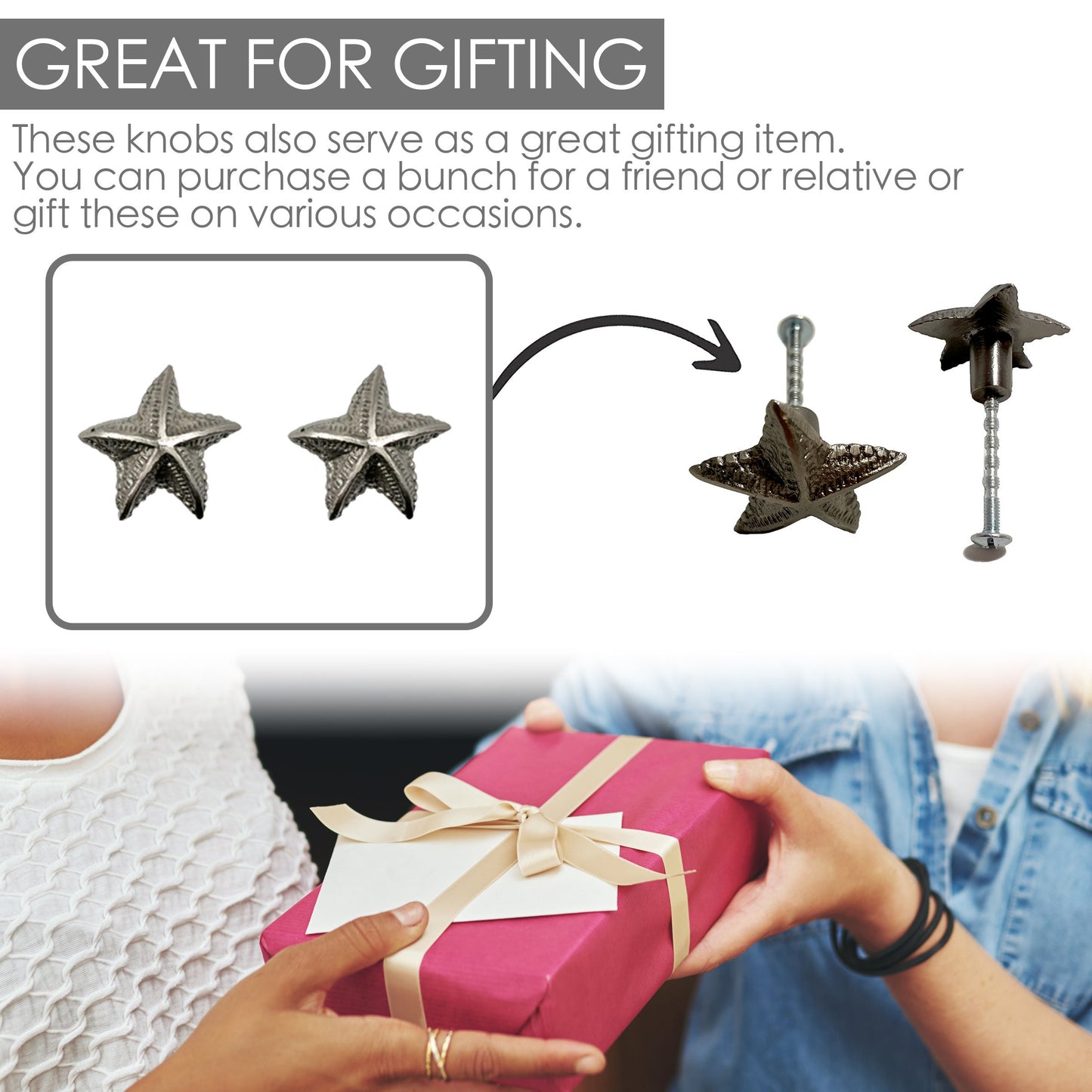 Cast Iron Starfish Cabinet Knobs 6 Pack Knobs for Cabinets and Drawers, Closet Door Knobs, Drawer Pulls and Knobs with Mounting Screws