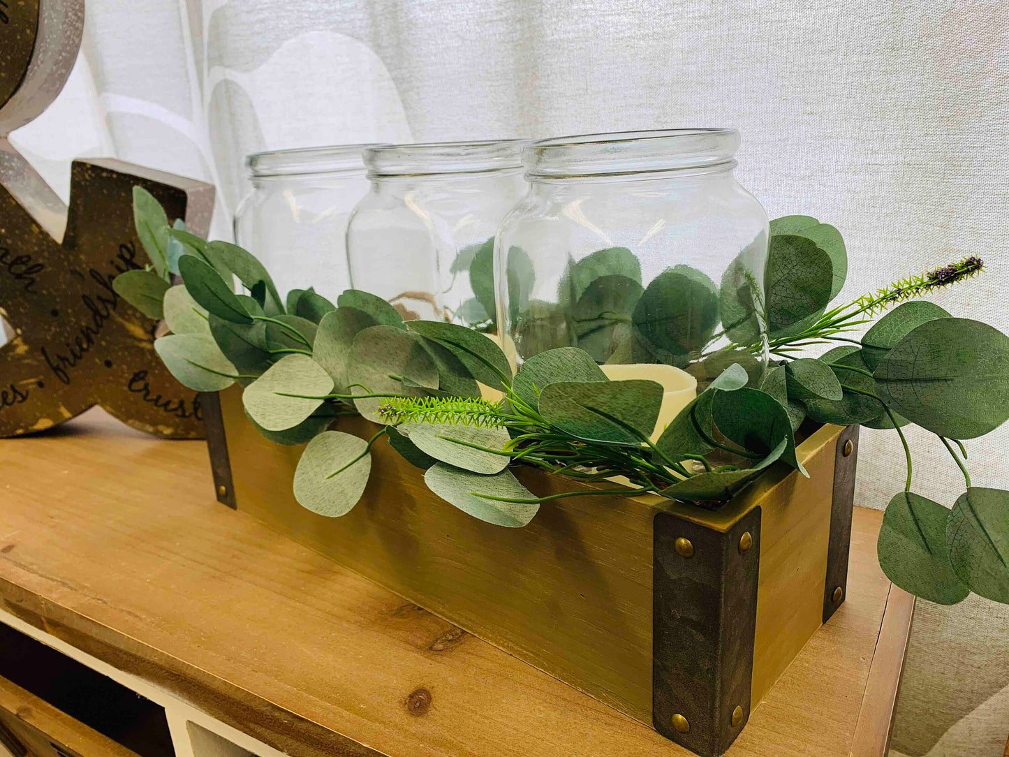 LED Wooden Box Centerpiece with Greenery, Mason Jar Centerpiece, Farmhouse Arrangement for Home, Wedding, Birthday