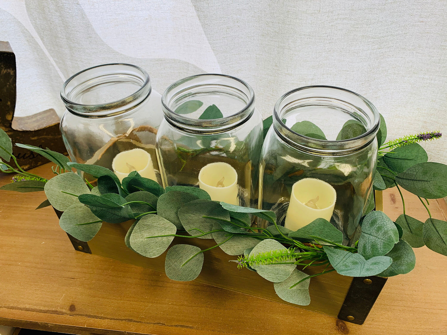 LED Wooden Box Centerpiece with Greenery, Mason Jar Centerpiece, Farmhouse Arrangement for Home, Wedding, Birthday