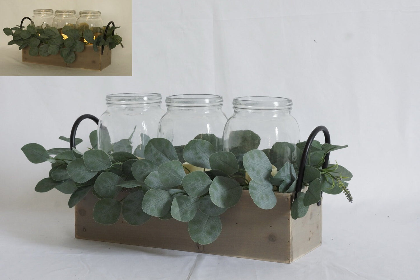LED Wooden Box Centerpiece with Greenery, Mason Jar Centerpiece, Farmhouse Arrangement for Home, Wedding, Birthday