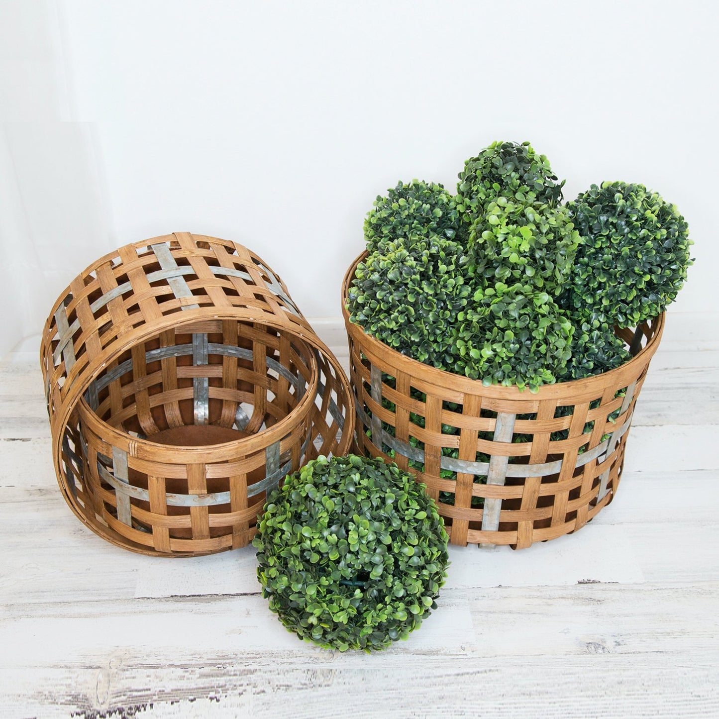 Set of 3 Woven Storage Baskets with Metal Decor Band