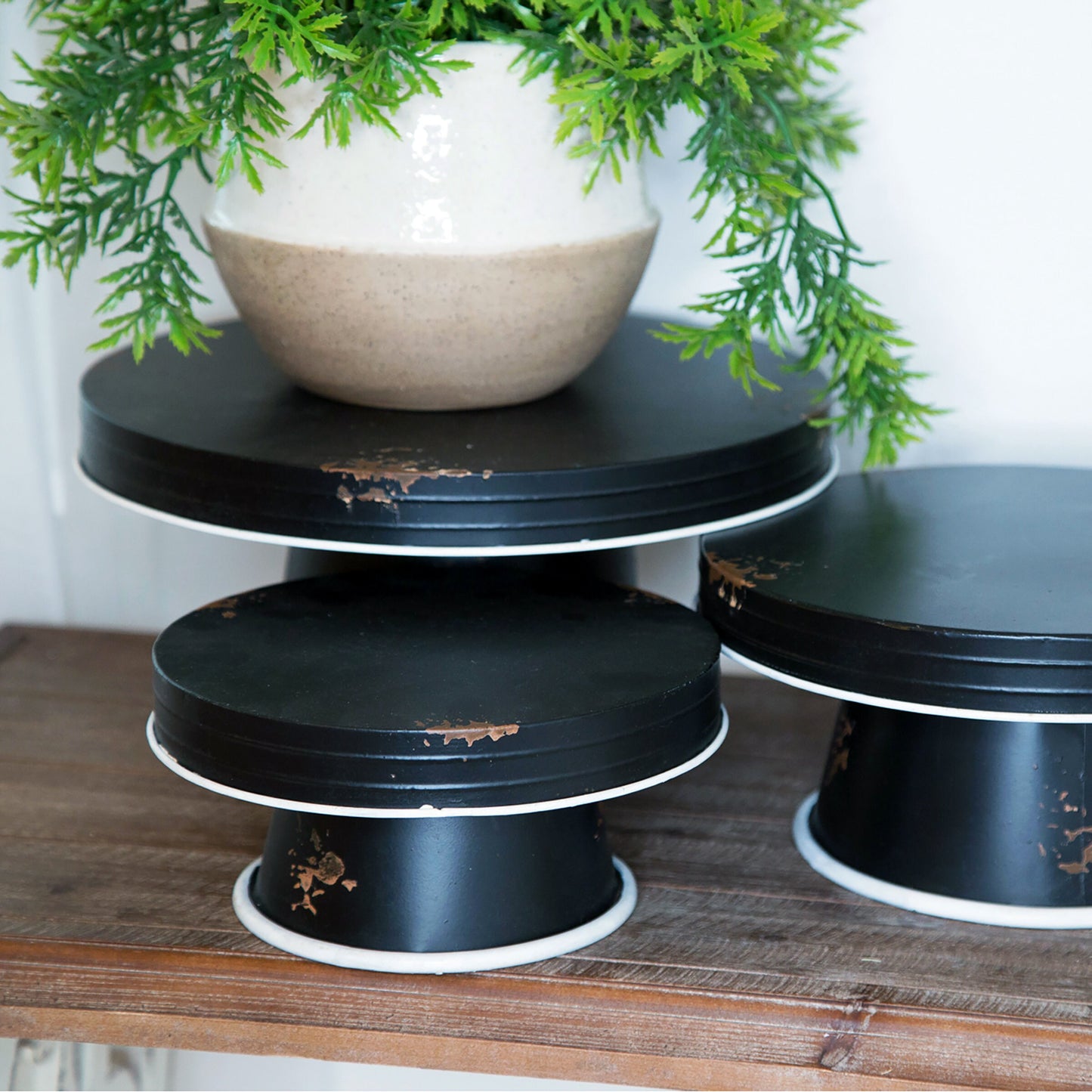 Black Distressed Enamel Pedestal Server Set - 3 Piece Farmhouse Decor
