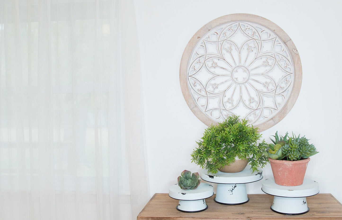 White Distressed Enamel Pedestal Server Set - 3 Piece Farmhouse Decor