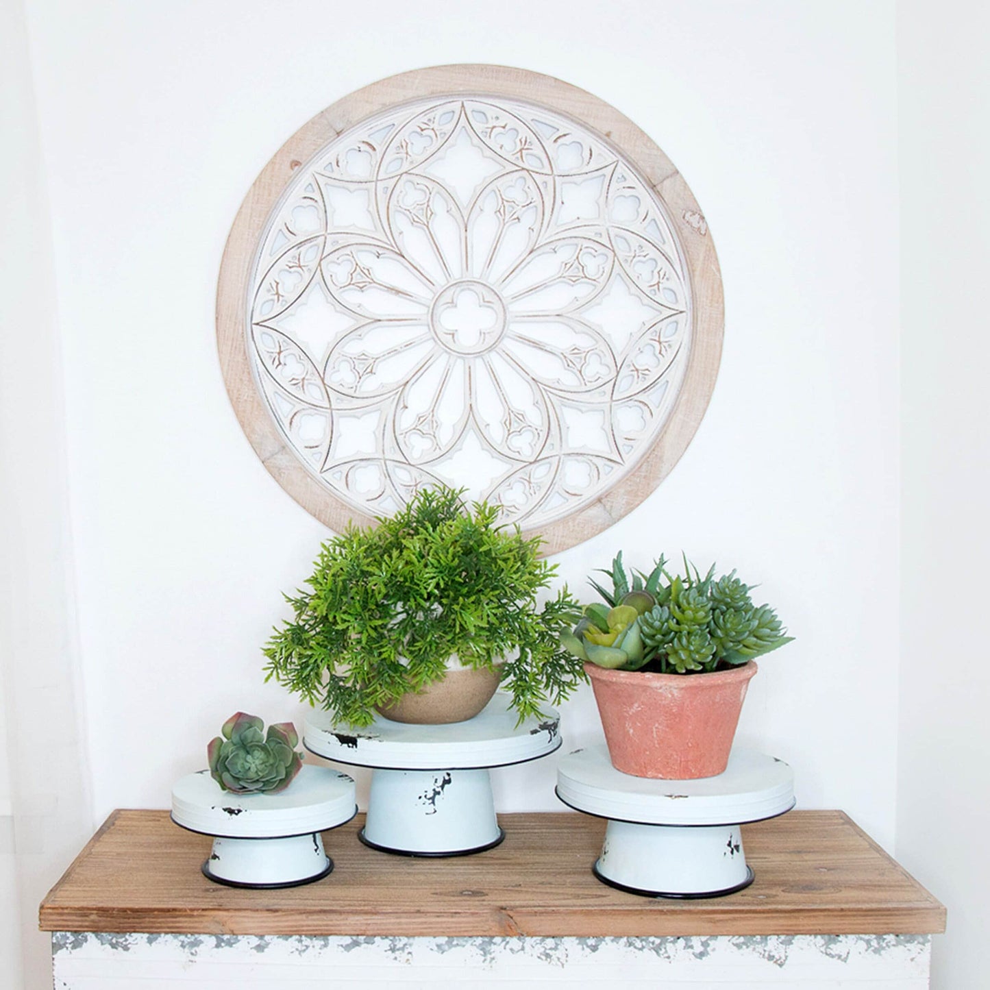 White Distressed Enamel Pedestal Server Set - 3 Piece Farmhouse Decor