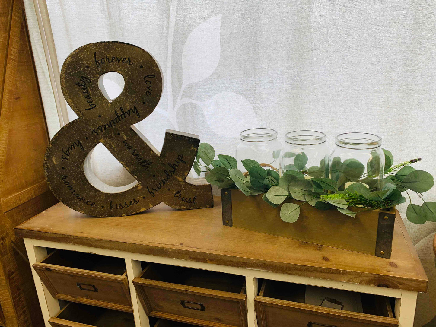 LED Wooden Box Centerpiece with Greenery, Mason Jar Centerpiece, Farmhouse Arrangement for Home, Wedding, Birthday