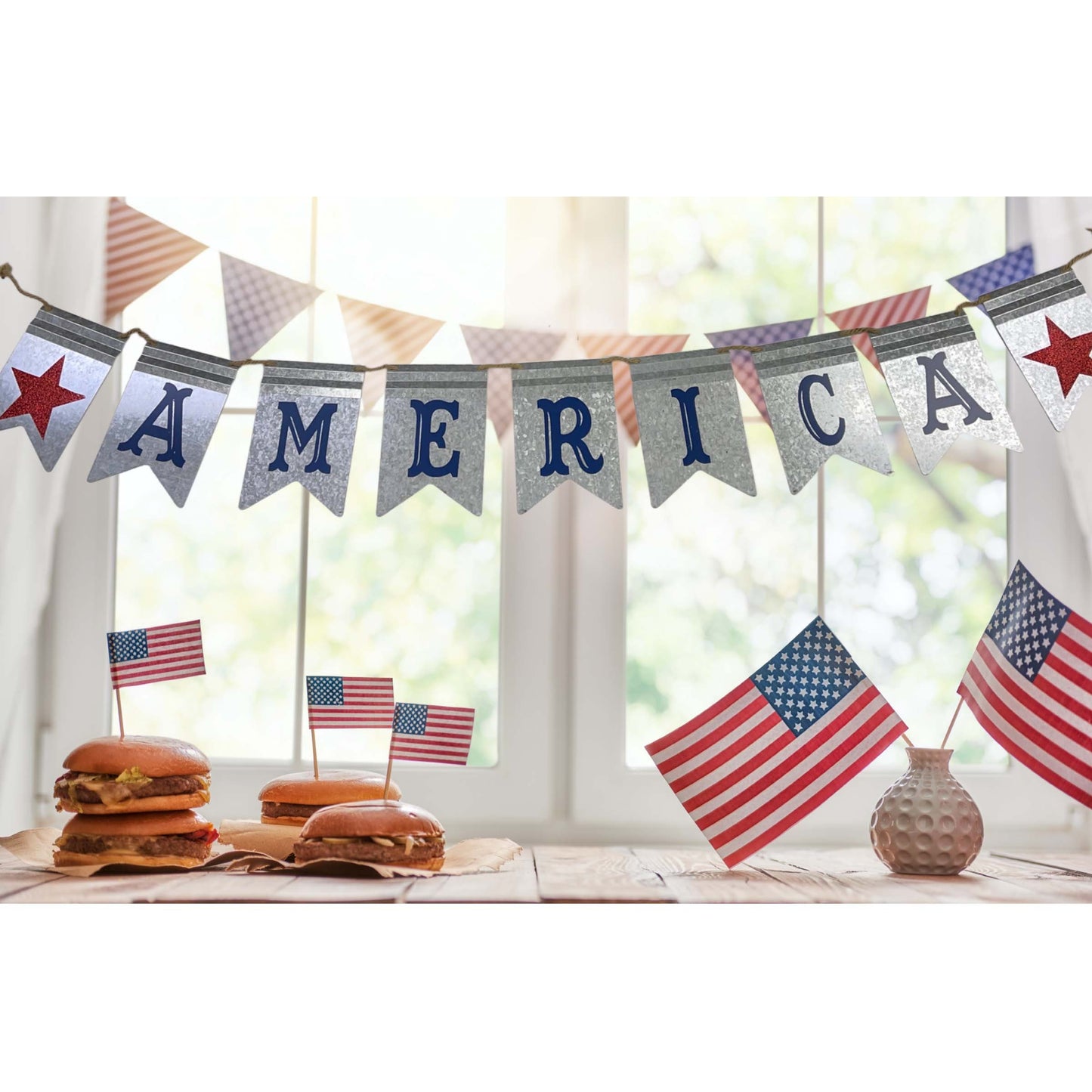 America Metal Hanging Banner Patriotic American Flag Wall Decor for 4th of July Holidays