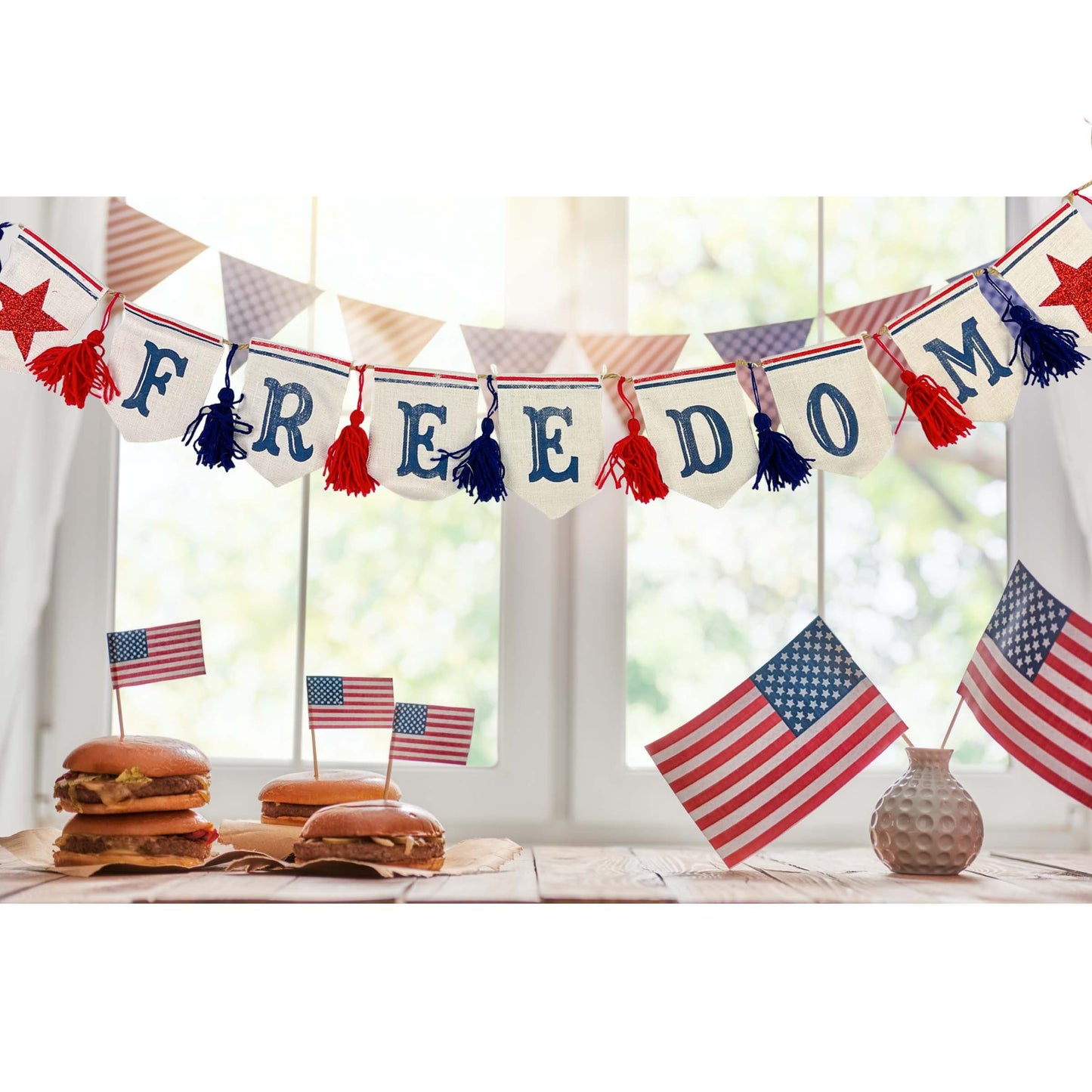 Freedom Hanging Banner Patriotic American Flag Wall Decor for 4th of July Holidays