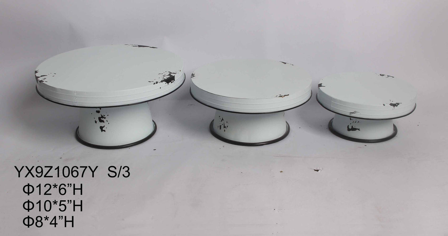 White Distressed Enamel Pedestal Server Set - 3 Piece Farmhouse Decor