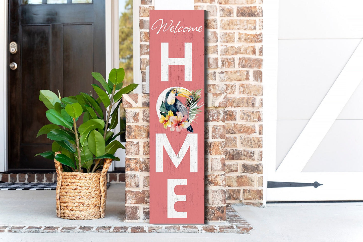 36in Welcome Home Porch Sign with Ramphastidae Pattern - Front Door Tropical Wooden Wall Decor, Outdoor Summer Jungle Vibes Display