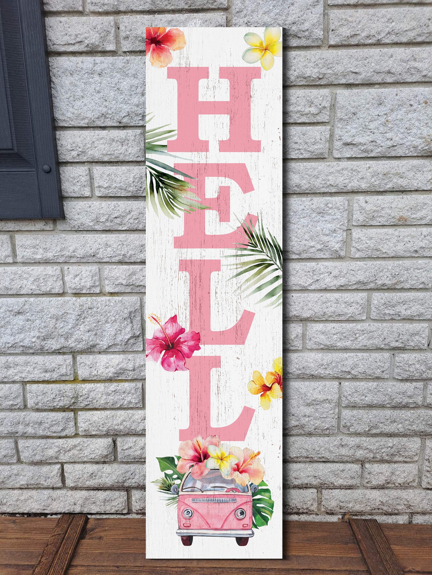 36in Tropical Hello Porch Sign with Floral Bus Pattern for Front Door, Wooden 36-inch Summer Welcome Display, Front Porch Decor