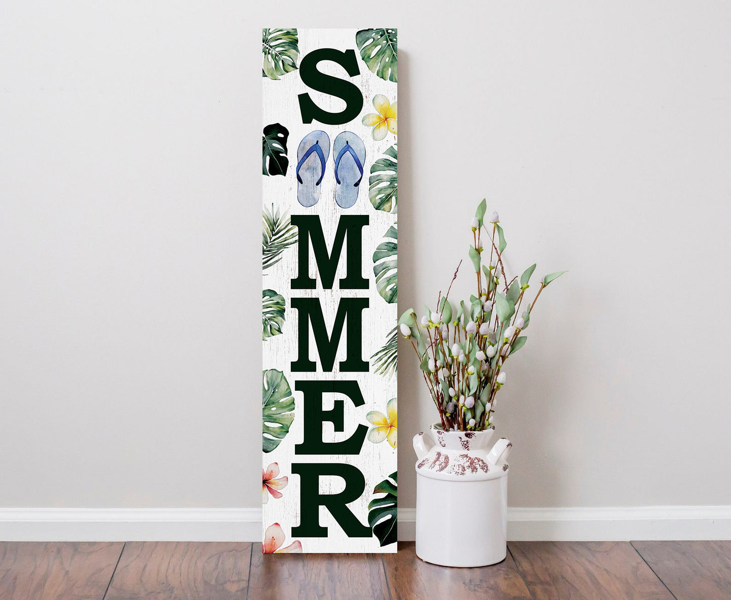 36in Tropical Summer Porch Sign with Palm Leaf & Slippers Pattern for Front Door, Wooden 36-inch Beach-Themed Entryway Decor