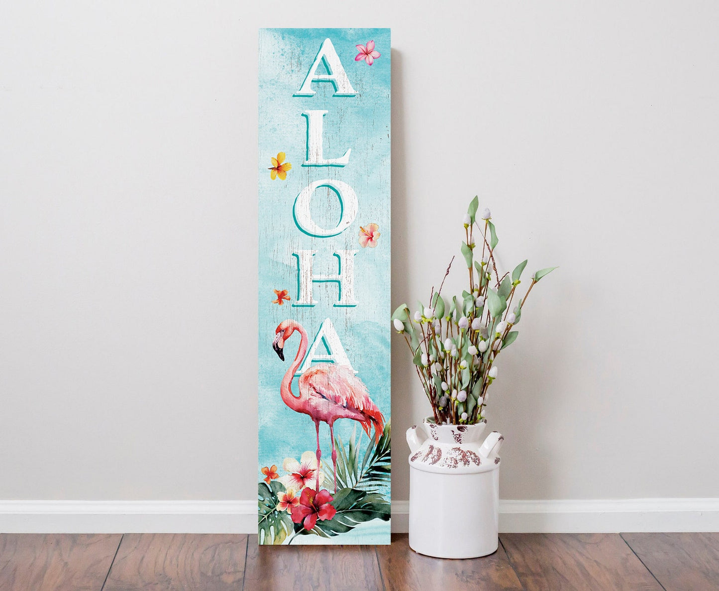 36in Aloha Welcome Porch Sign with Flamingo Pattern for Front Door, Tropical Summer Wall Decor, Outdoor Summer Beach Vibes Display