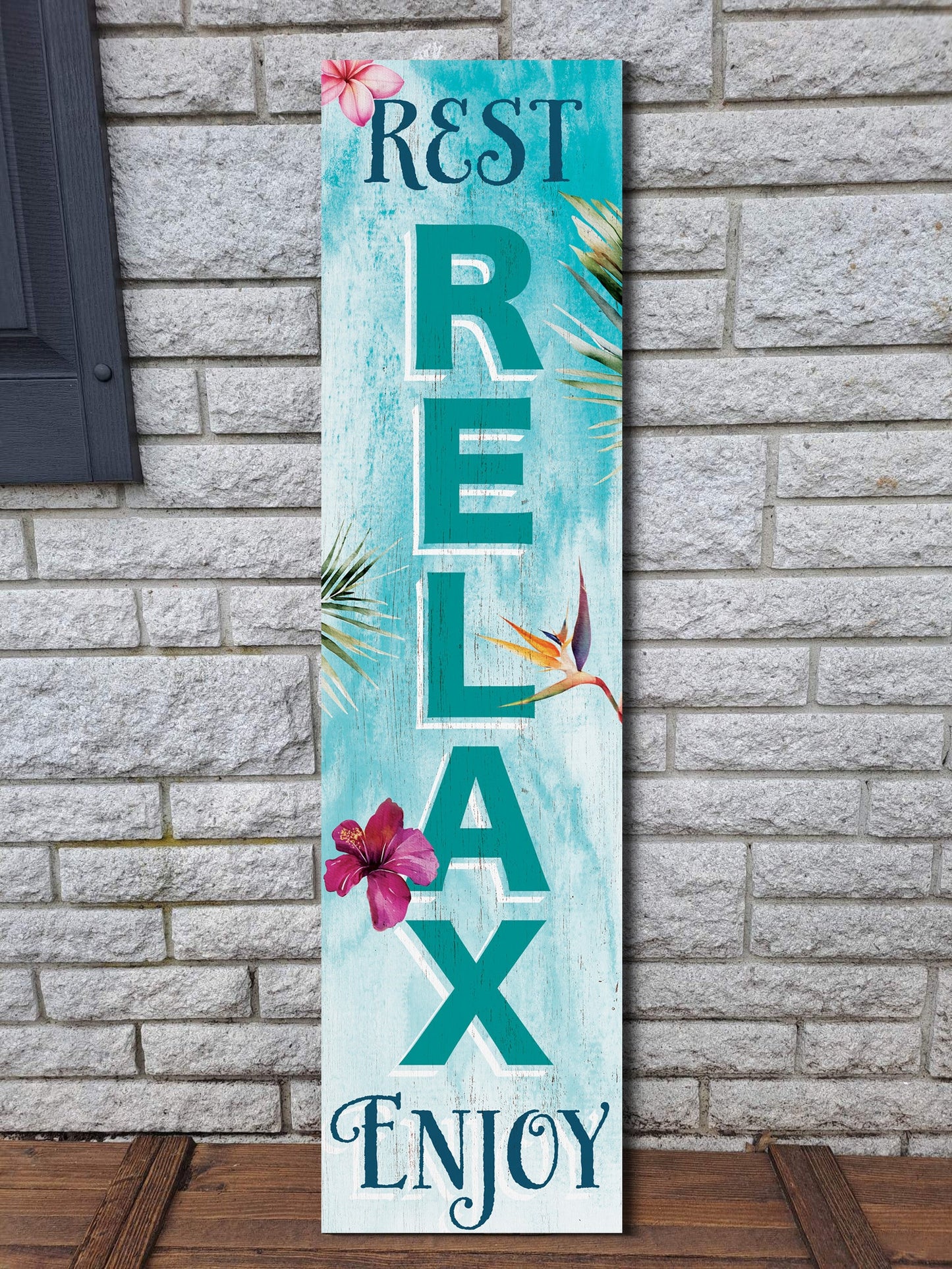 36in Wooden "Rest, Relax, Enjoy" Summer Welcome Porch Sign for Front Door, Rustic Home Decor, Outdoor Wall Art, Beach House Patio Display