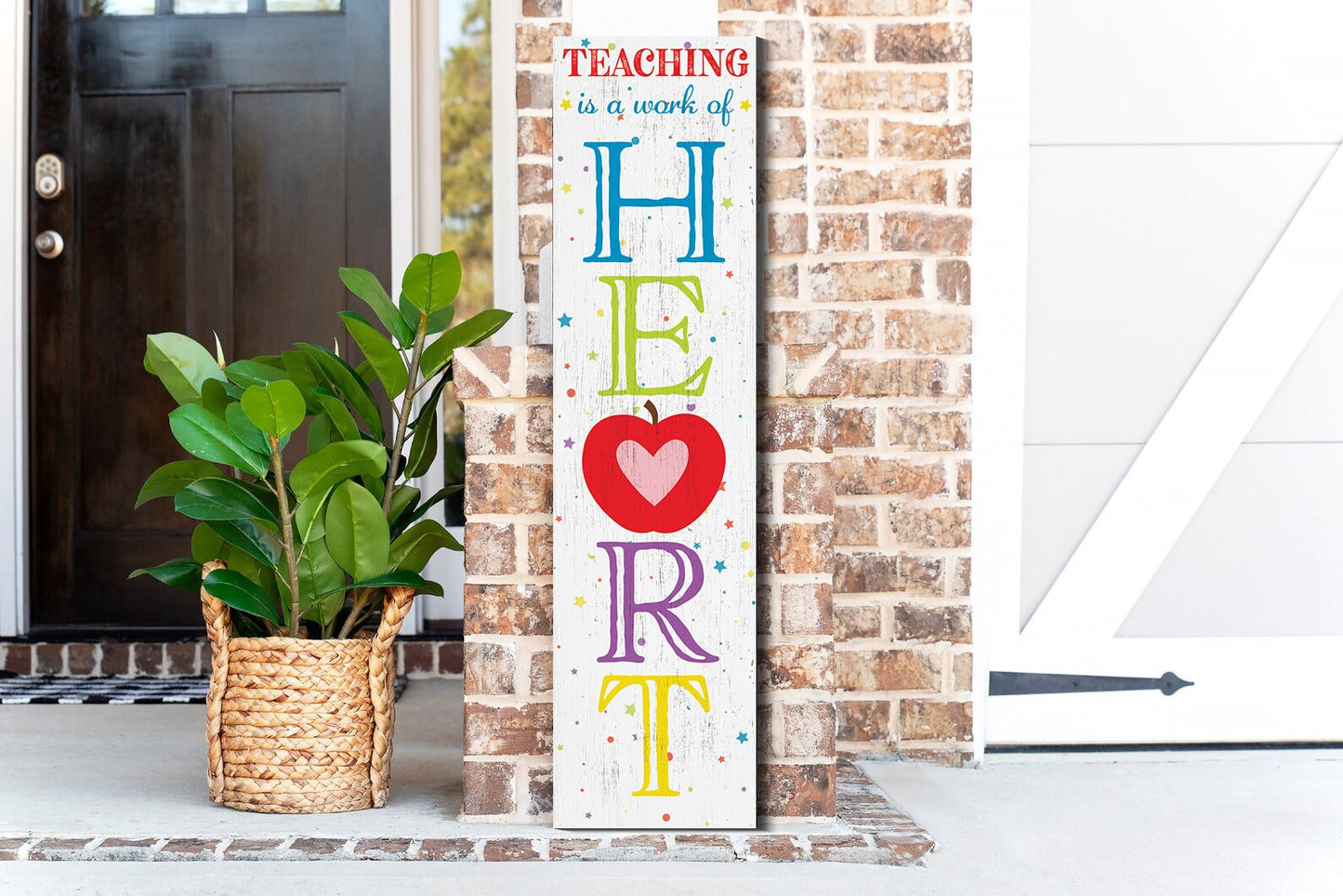 Teaching is a Work of Heart Porch Sign - 36" x 9.25" Apple Pattern Wooden Front Door Wall Decor - Handcrafted Home Decoration for Teachers