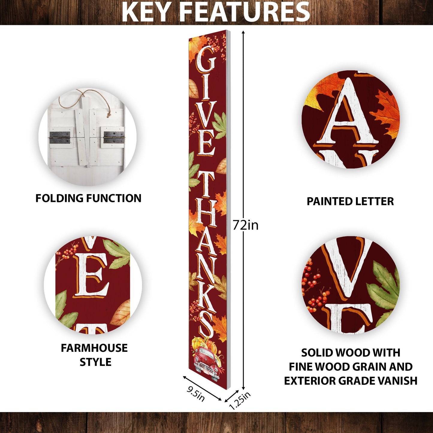 72in "Give Thanks" Fall Porch Sign | Front Door Autumn Decor | Thanksgiving Celebration | Ideal for Entryway, Living Room, Porch Decor