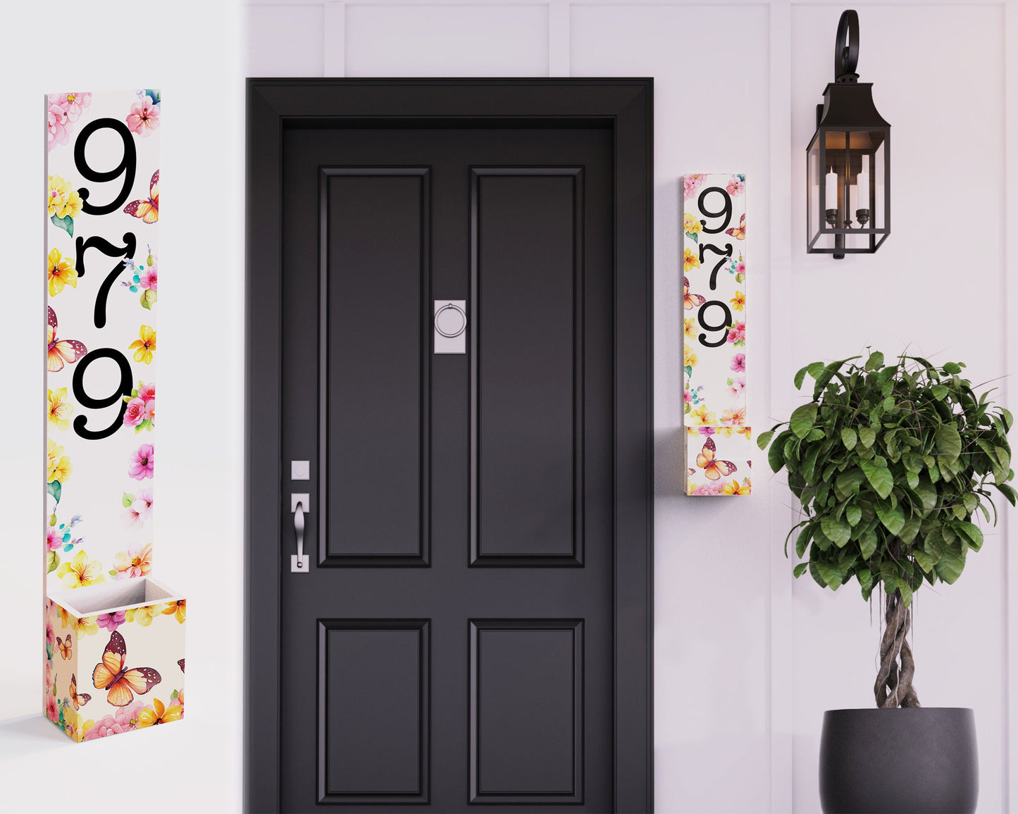 36in Spring Style Wooden Address Number Planter Sign for Front Door with Spring Floral Pattern