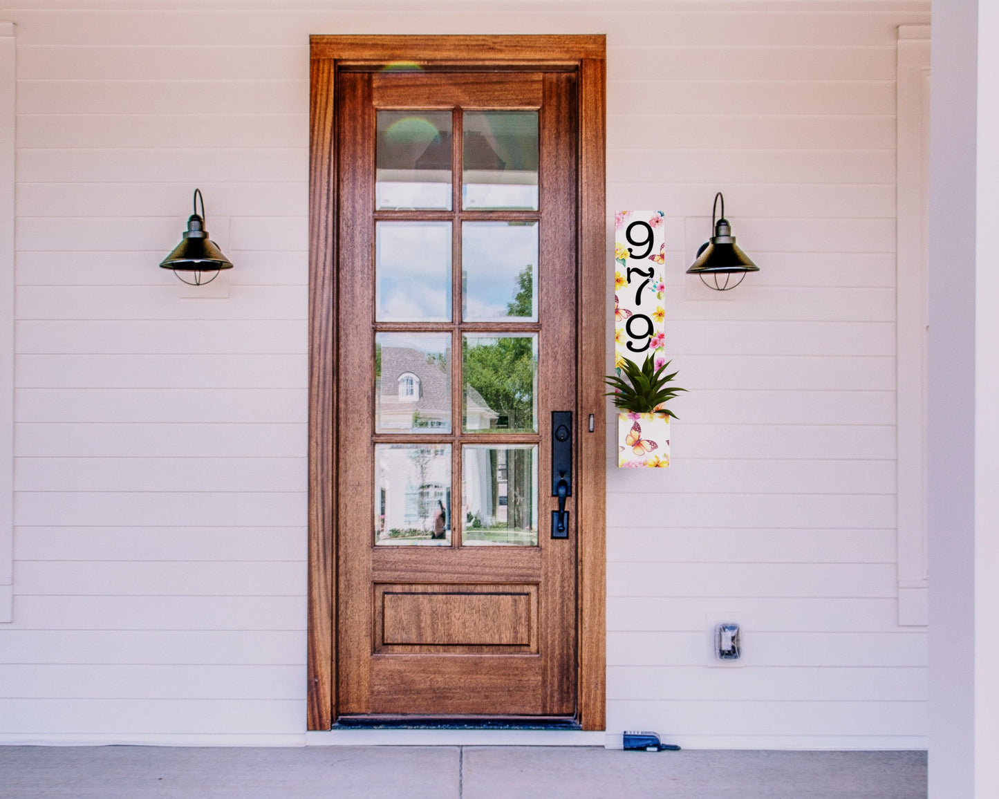36in Spring Style Wooden Address Number Planter Sign for Front Door with Spring Floral Pattern