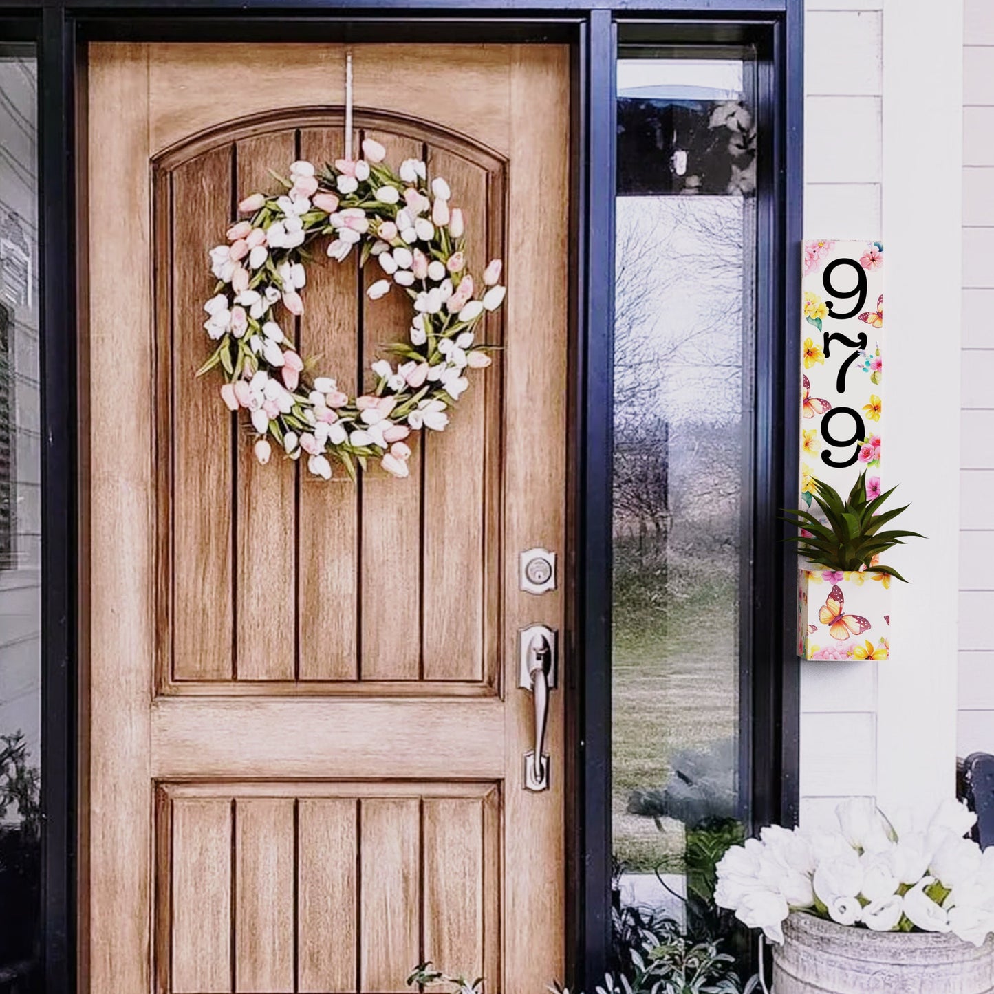 36in Spring Style Wooden Address Number Planter Sign for Front Door with Spring Floral Pattern