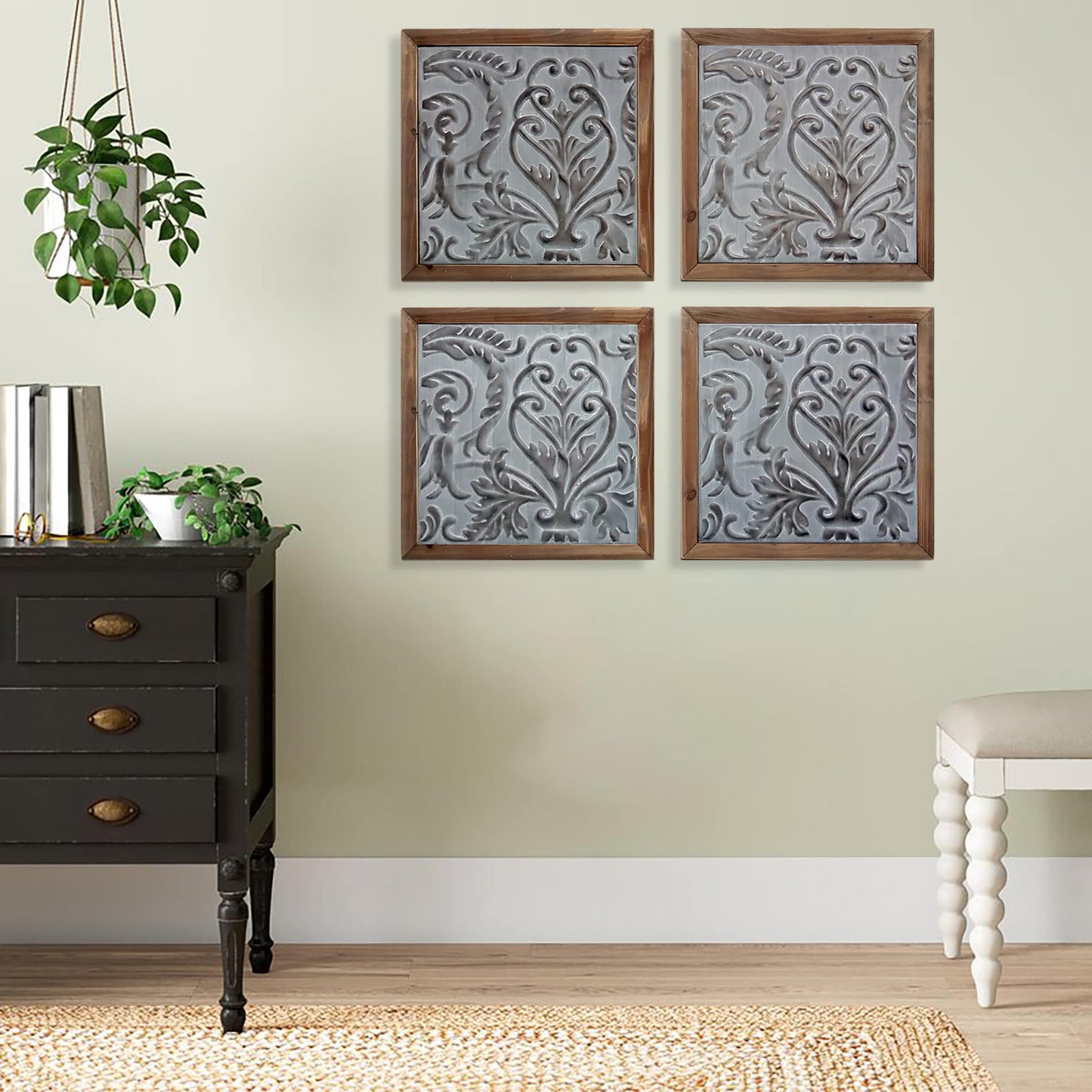 Elegant Framed Wood Plaques Set of 4 | Pressed Tin Wall Art in Warm Brown Tone | Home & Office Decor