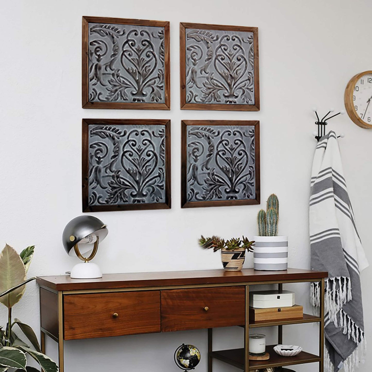 Elegant Framed Wood Plaques Set of 4 | Pressed Tin Wall Art in Warm Brown Tone | Home & Office Decor