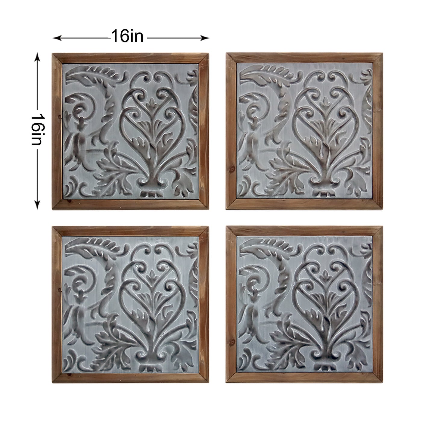 Elegant Framed Wood Plaques Set of 4 | Pressed Tin Wall Art in Warm Brown Tone | Home & Office Decor