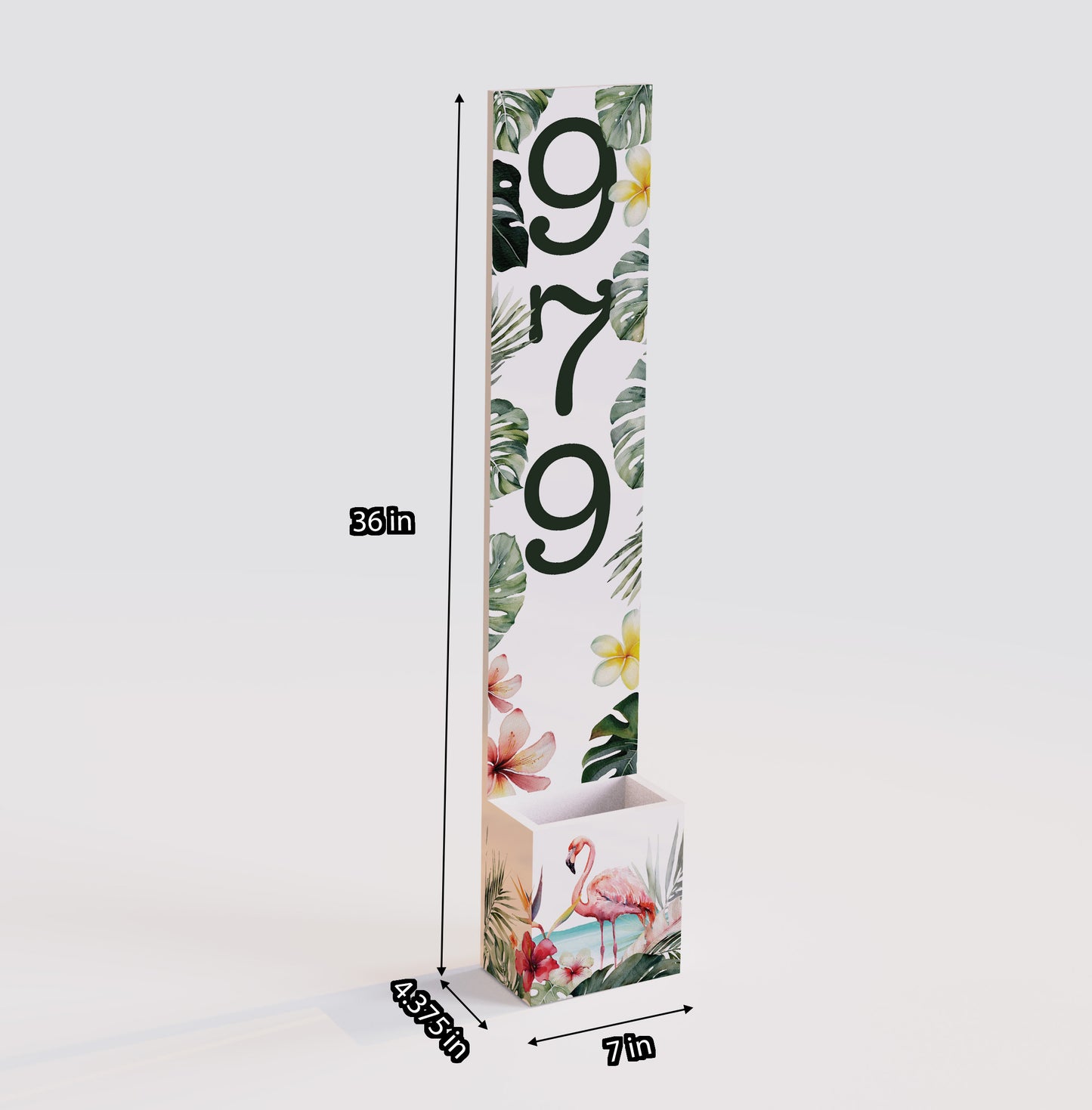 Summer Style Wooden Address Number Planter Sign with Flamingo Pattern - 36"x4.375"x7" - Perfect for Front Door Display