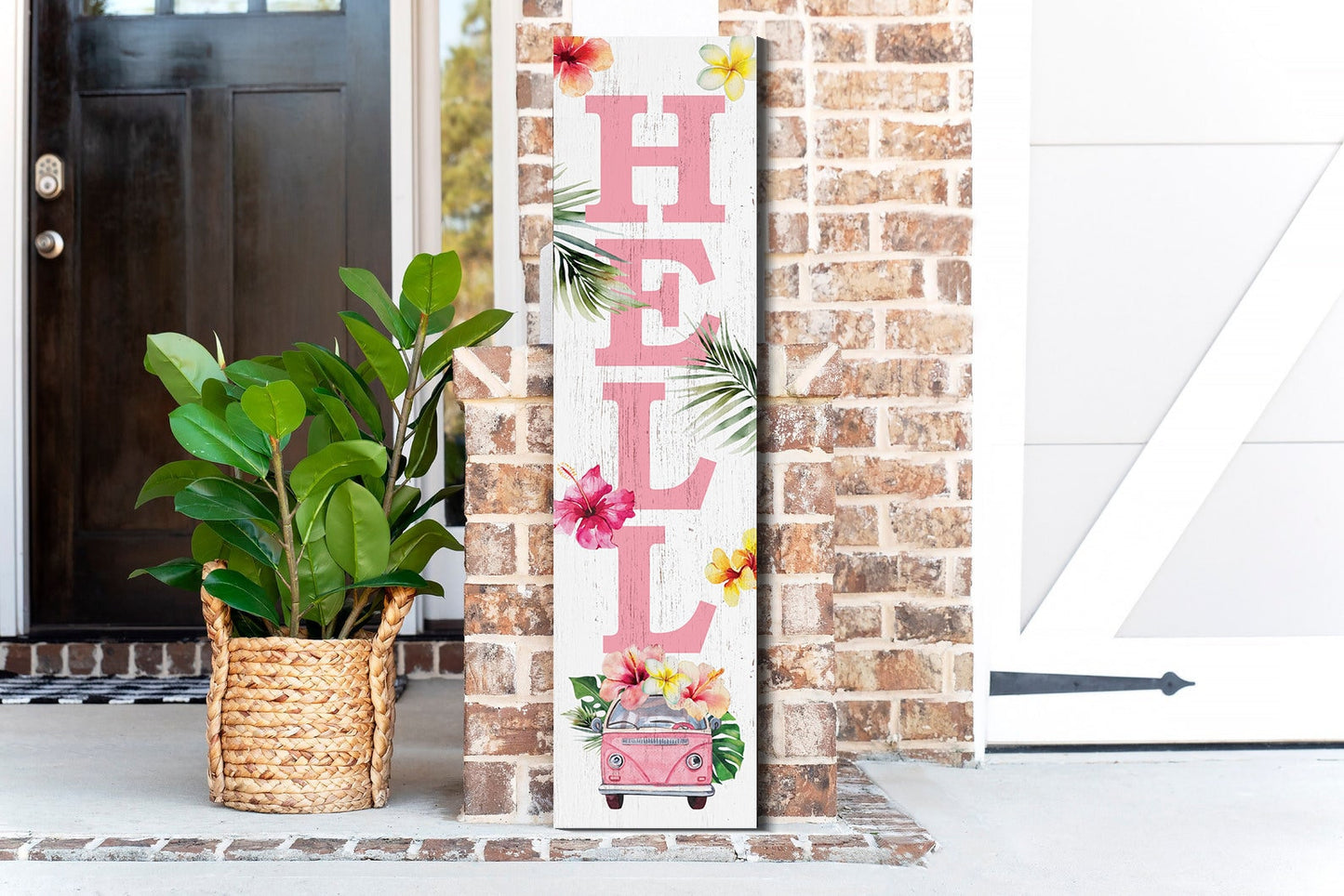 36in Tropical Hello Porch Sign with Floral Bus Pattern for Front Door, Wooden 36-inch Summer Welcome Display, Front Porch Decor