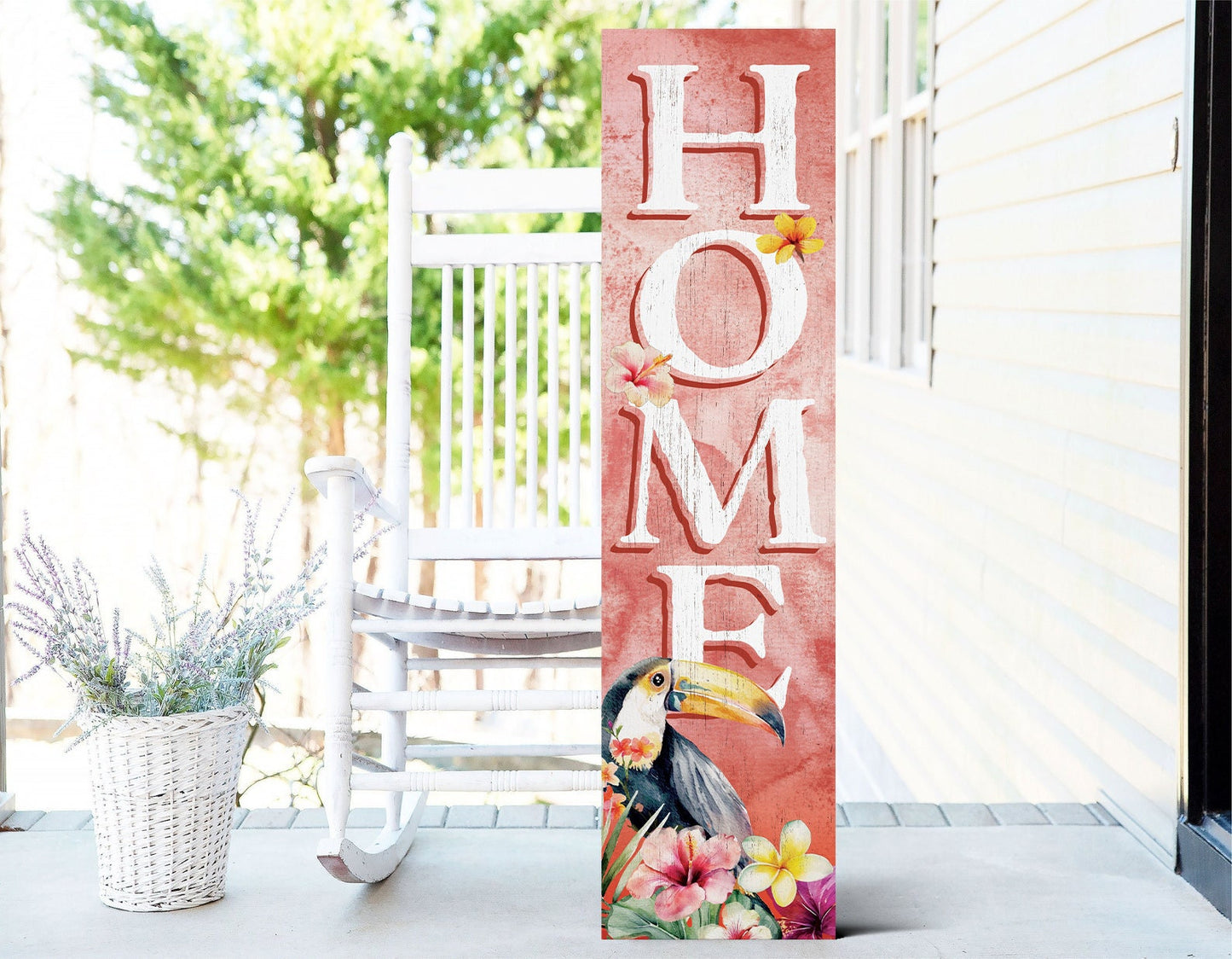 36in Aloha Welcome Porch Sign with Ramphastidae Pattern for Front Door, Tropical Summer Wall Decor, Outdoor Summer Jungle Vibes Display