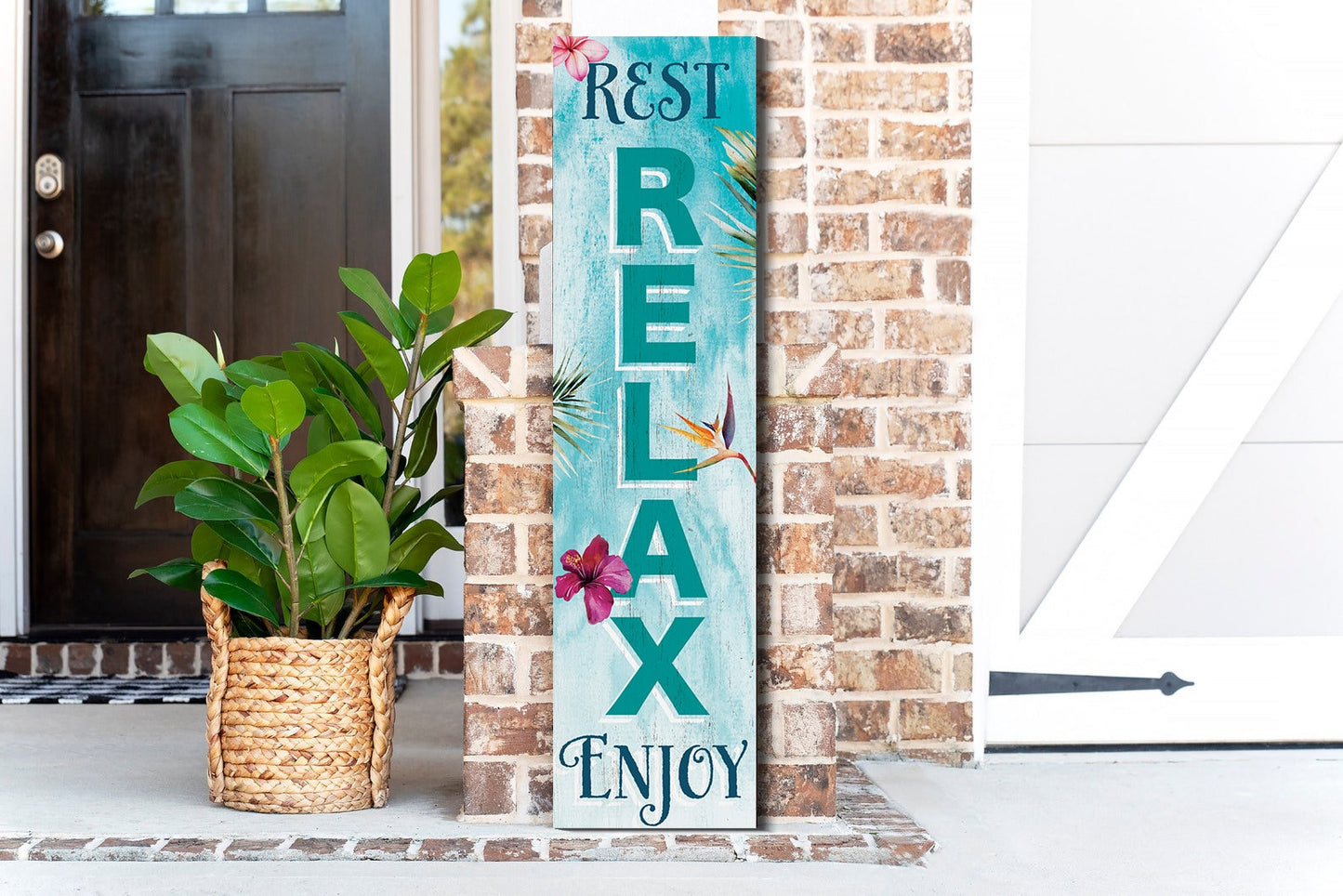 36in Wooden "Rest, Relax, Enjoy" Summer Welcome Porch Sign for Front Door, Rustic Home Decor, Outdoor Wall Art, Beach House Patio Display