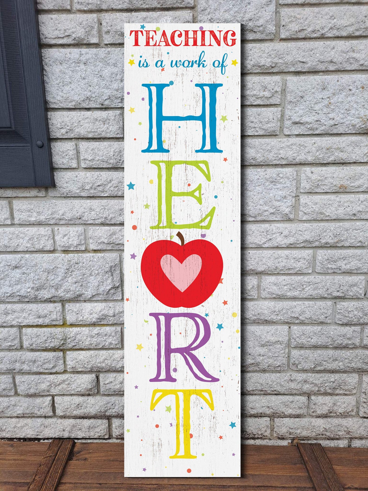 Teaching is a Work of Heart Porch Sign - 36" x 9.25" Apple Pattern Wooden Front Door Wall Decor - Handcrafted Home Decoration for Teachers
