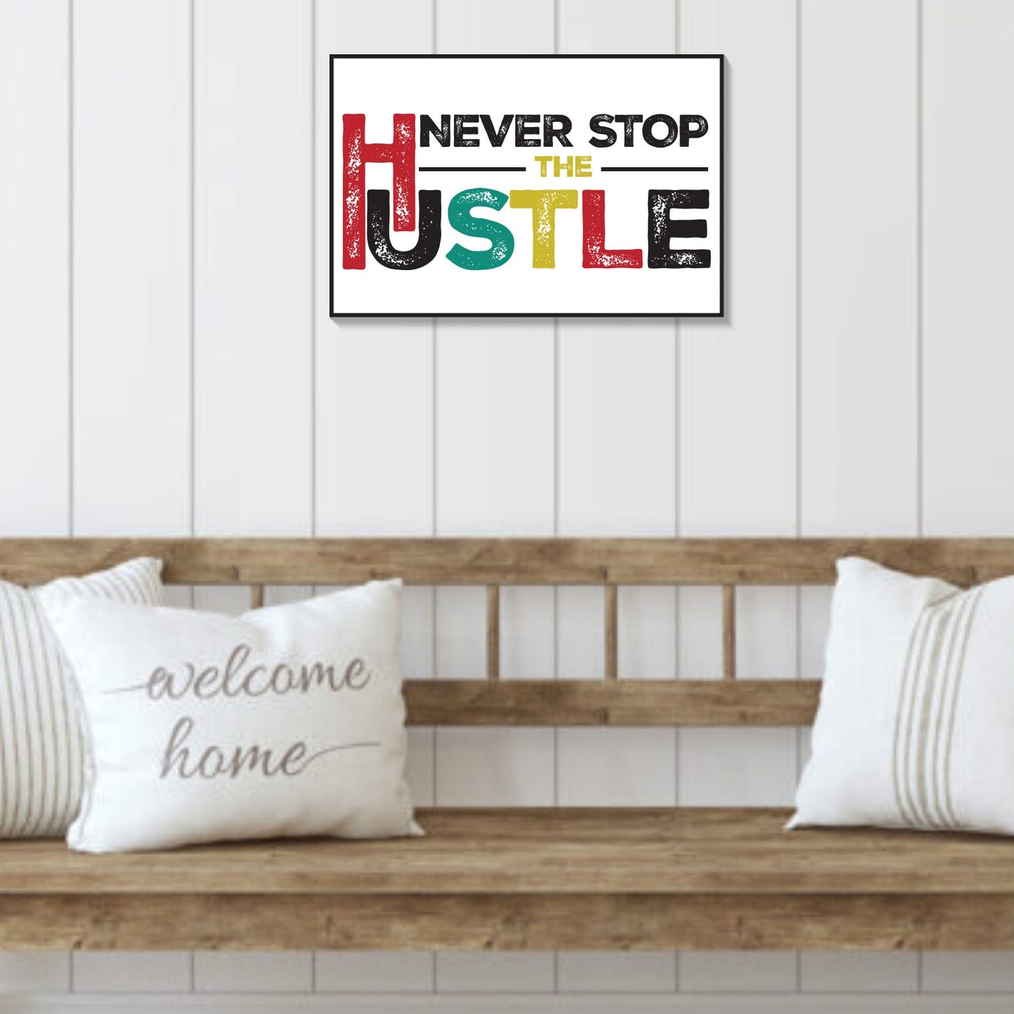 Wooden "Never Stop the Hustle" Wall Sign, 7.5in x 5in, Motivational Decor for Office, Home, or Study Space, Inspirational Quote Artwork