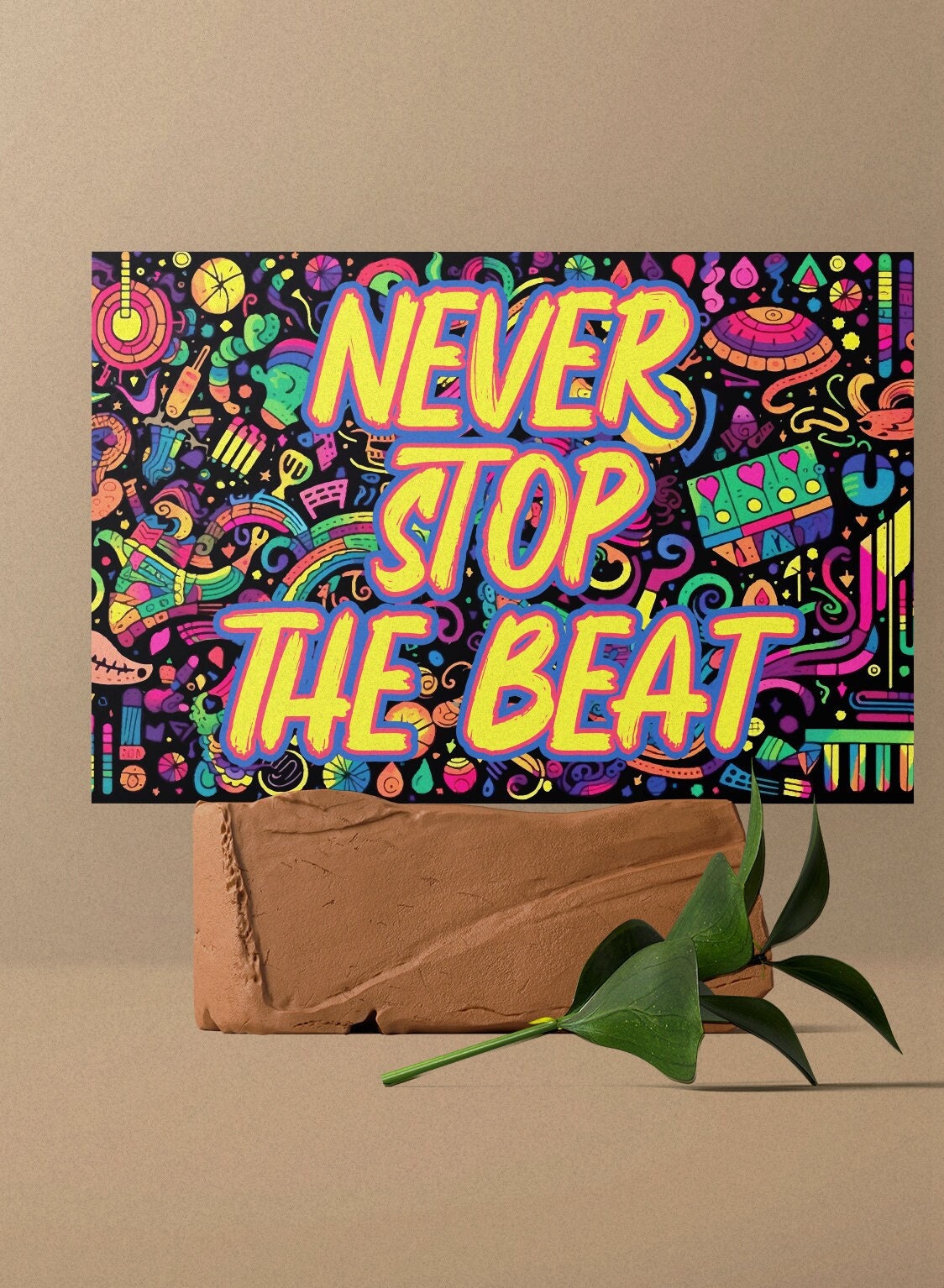 Wooden "Never Stop The Beat" Decor Sign For Indoor Display - 7.5In X 5In - Fun And Funky Patterned Design Fun Door Sign