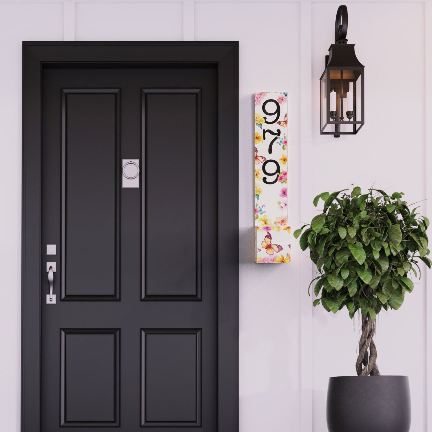 36in Spring Style Wooden Address Number Planter Sign for Front Door with Spring Floral Pattern