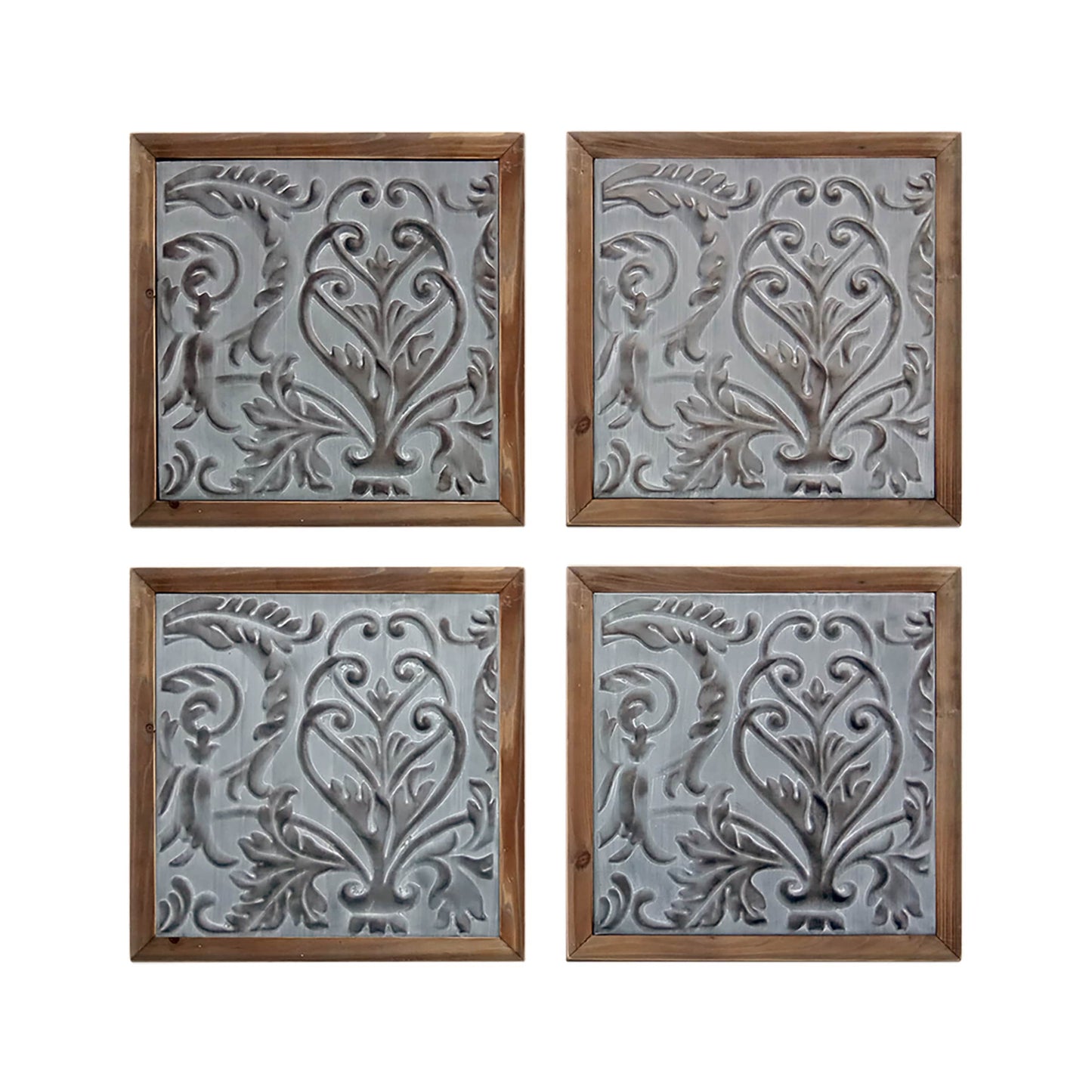 Elegant Framed Wood Plaques Set of 4 | Pressed Tin Wall Art in Warm Brown Tone | Home & Office Decor