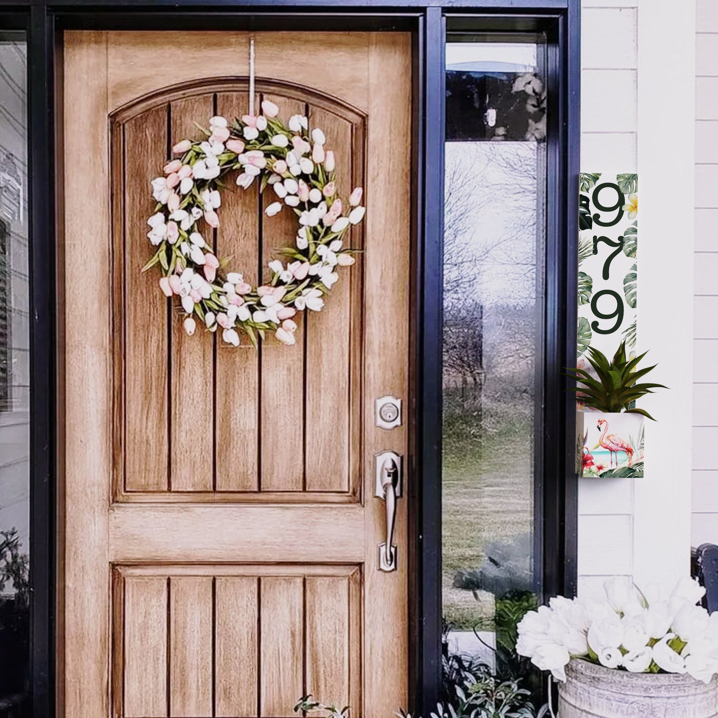 Summer Style Wooden Address Number Planter Sign with Flamingo Pattern - 36"x4.375"x7" - Perfect for Front Door Display