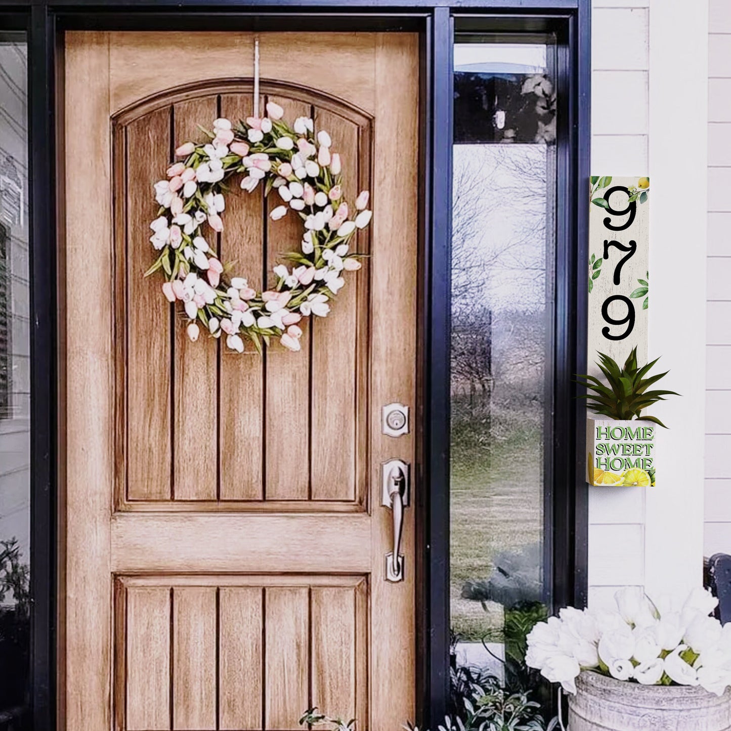 Summer Lemon Wooden Address Number Planter Sign for Front Door - 36"x4.375"x7" - Refreshing Outdoor Home Decor