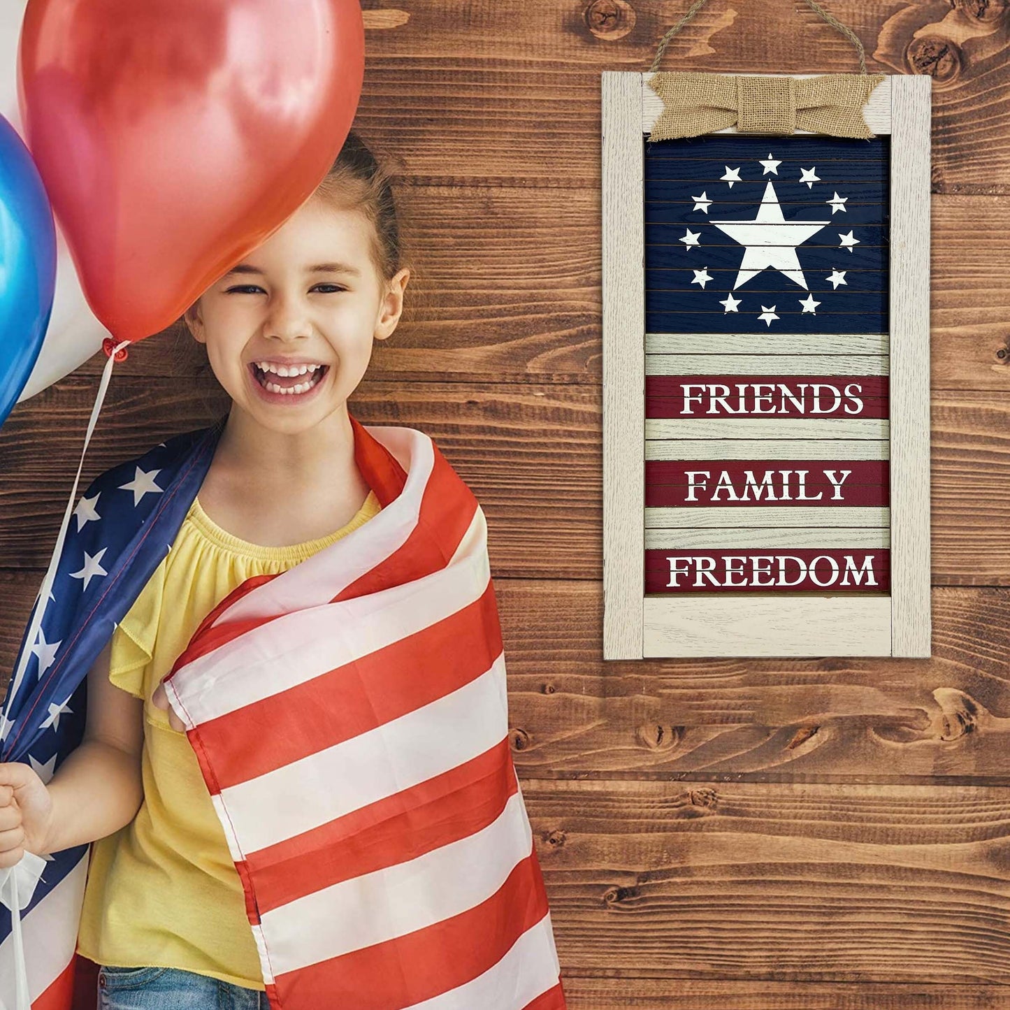 Friends Family Freedom Hanging Sign, Patriotic Party Decoration, Independence Day Wooden Plaque, 4th of July Decorations for Home
