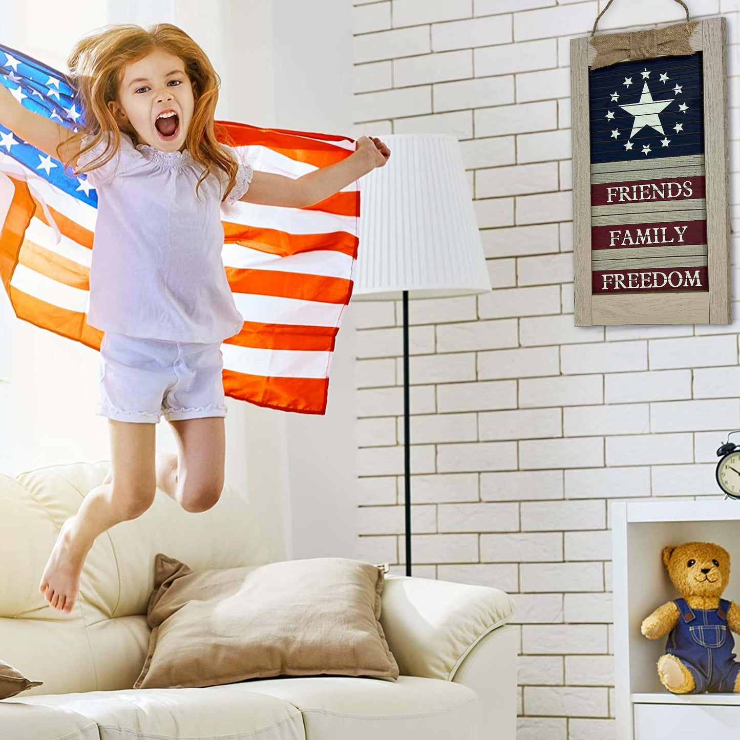 Friends Family Freedom Hanging Sign, Patriotic Party Decoration, Independence Day Wooden Plaque, 4th of July Decorations for Home