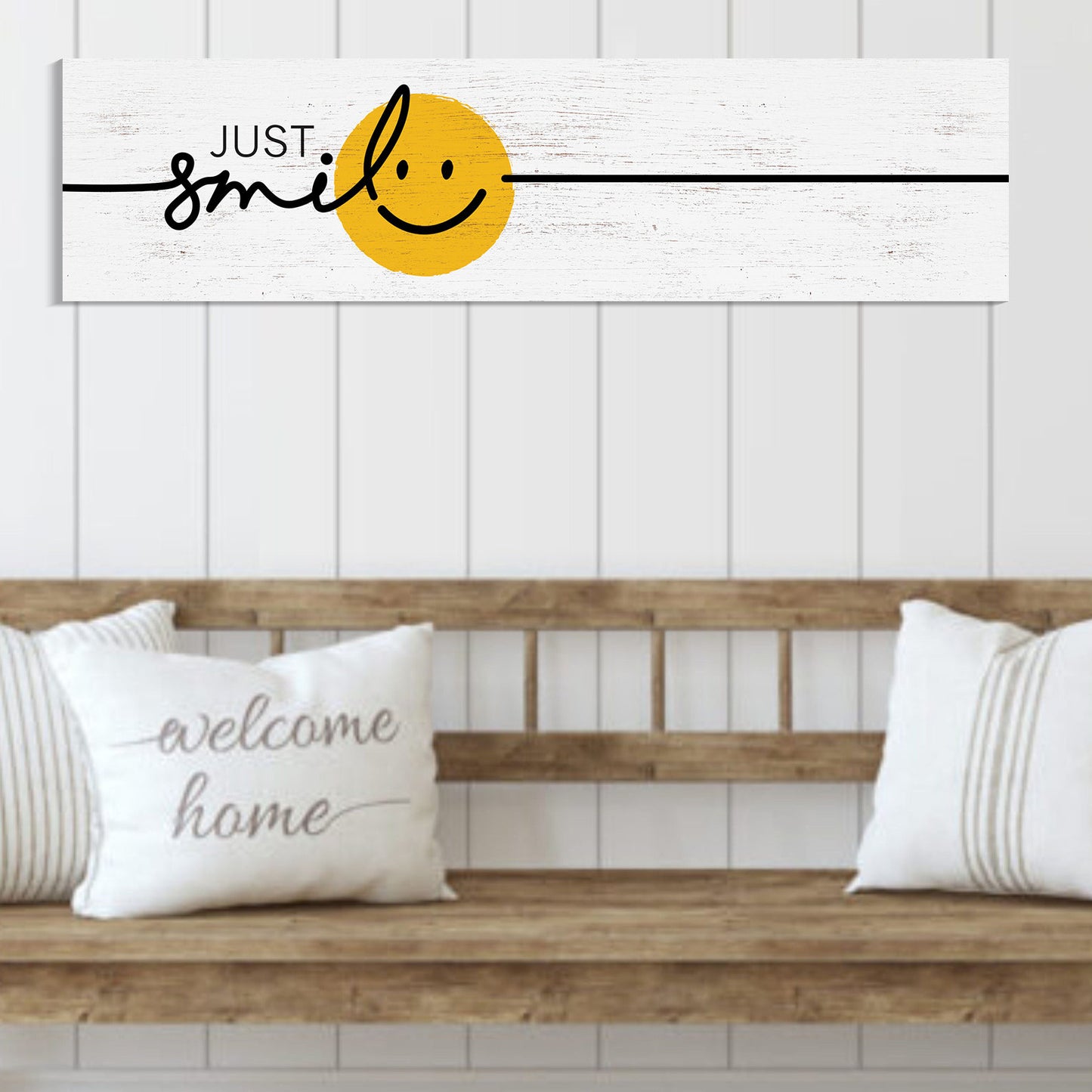 36in "Just Smile" Cartoon Wooden Sign Wall Decor, Happy World Smile Day Celebration, Fun Relaxing and Chill Art for Home, Office, Classroom
