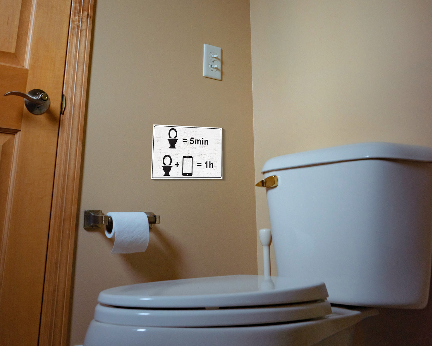 Add Laughter to Your Bathroom: 7.5in x 5in Wooden Wall Decor Sign - "Toilet = 5 min, Toilet + Phone = 1 Hour" - Humorous & Fun