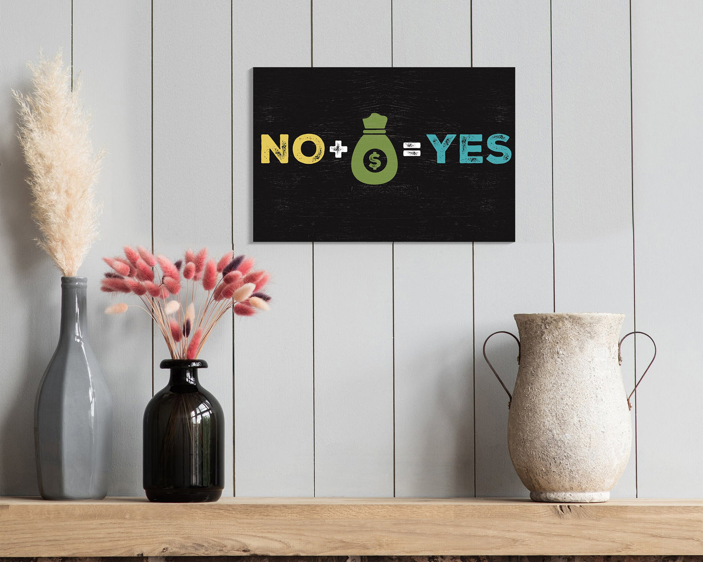 Laugh at Life's Realities: 7.5x5in Wooden Wall Decor Sign - "No Plus Money Equals Yes" - Humorous Art for Home & Office Spaces, Great Gift