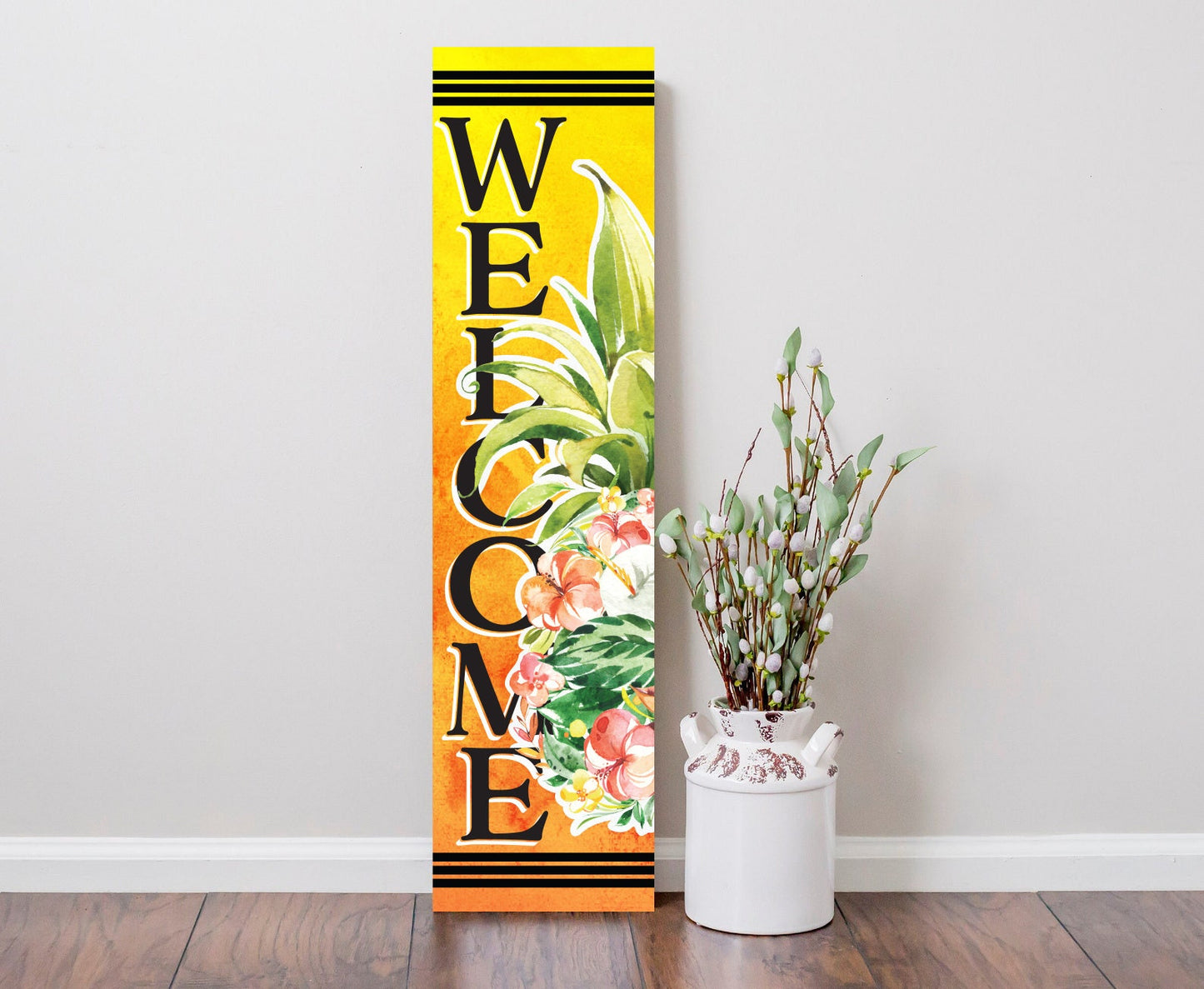 36in Summer Pineapple Welcome Wooden Porch Sign, Tropical Front Door Wall Decor, Rustic Farmhouse Outdoor Entryway Display