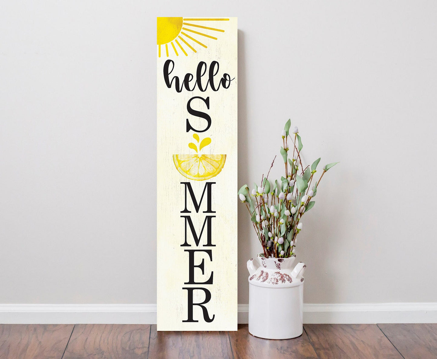 36in Hello Summer Wooden Porch Sign with Lemon Pattern, Perfect for Front Porch Home Decor, Seasonal Welcome Sign