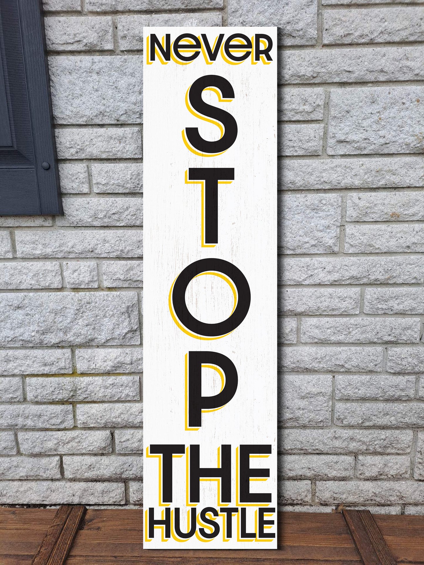 36in "Never Stop the Hustle" Rustic Artwork, Fun Door Sign, Motivational Home Decor for Office and Living Space