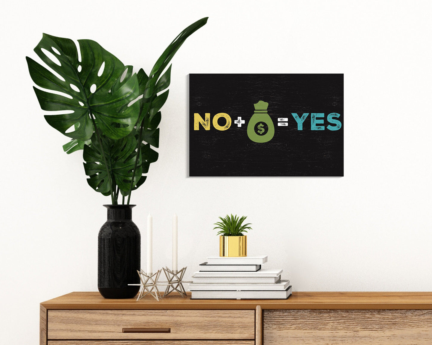 Laugh at Life's Realities: 7.5x5in Wooden Wall Decor Sign - "No Plus Money Equals Yes" - Humorous Art for Home & Office Spaces, Great Gift